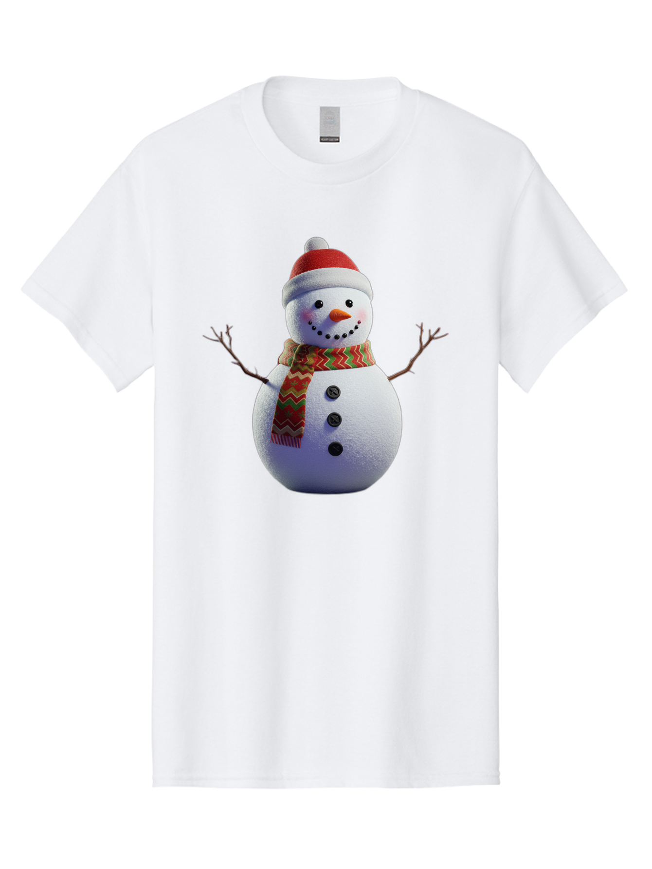 Snowman-4 Men'S Graphic Tee, 100% Cotton, Comfortable Casual Summer Wear, Machine Washable, Snowman Wearing Santa Hat, Red And Green Chevron Scarf, Three Black Buttons, Carrot Nose, Rosy Cheeks, Winter Wonderland, Festive Holiday Scene, Bac440