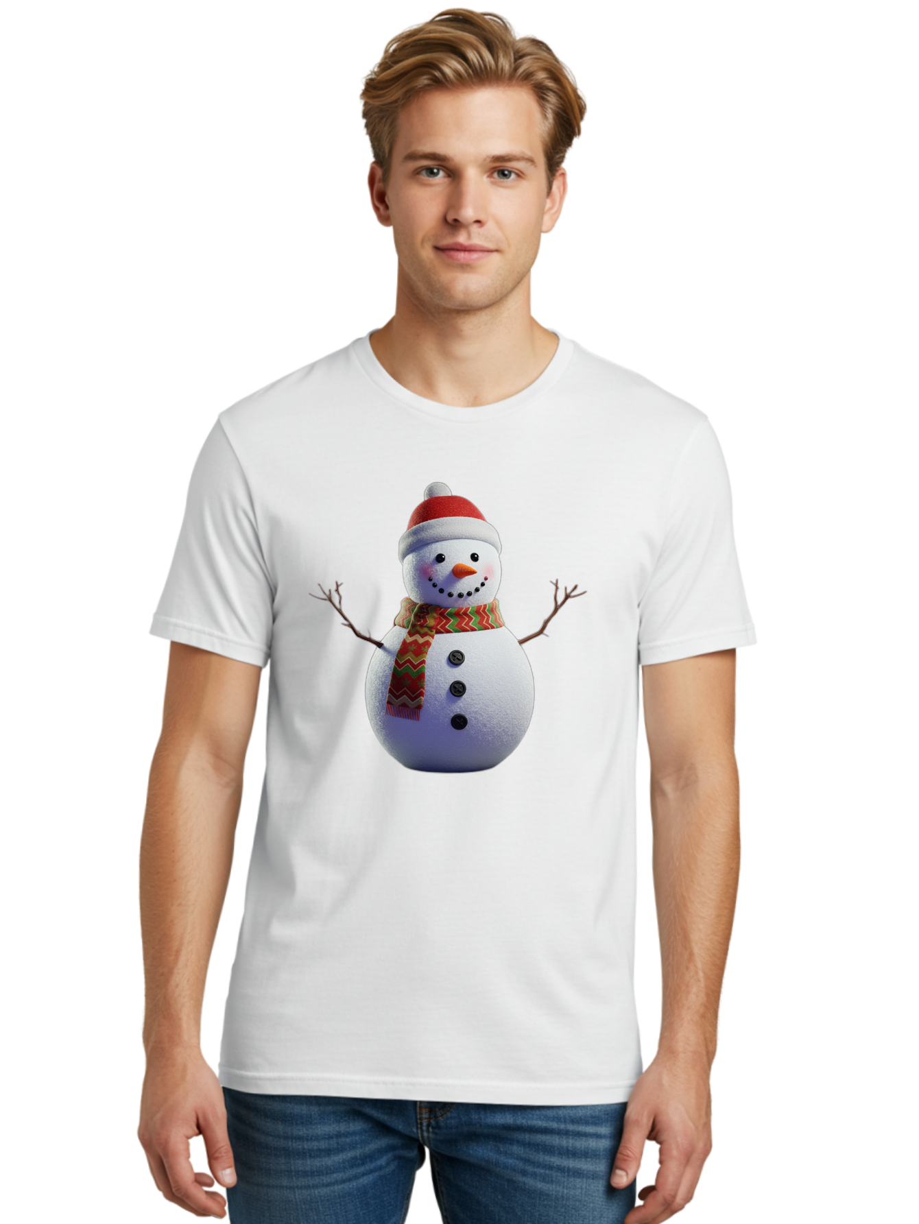 Snowman-4 Men'S Graphic Tee, 100% Cotton, Comfortable Casual Summer Wear, Machine Washable, Snowman Wearing Santa Hat, Red And Green Chevron Scarf, Three Black Buttons, Carrot Nose, Rosy Cheeks, Winter Wonderland, Festive Holiday Scene, Bac440