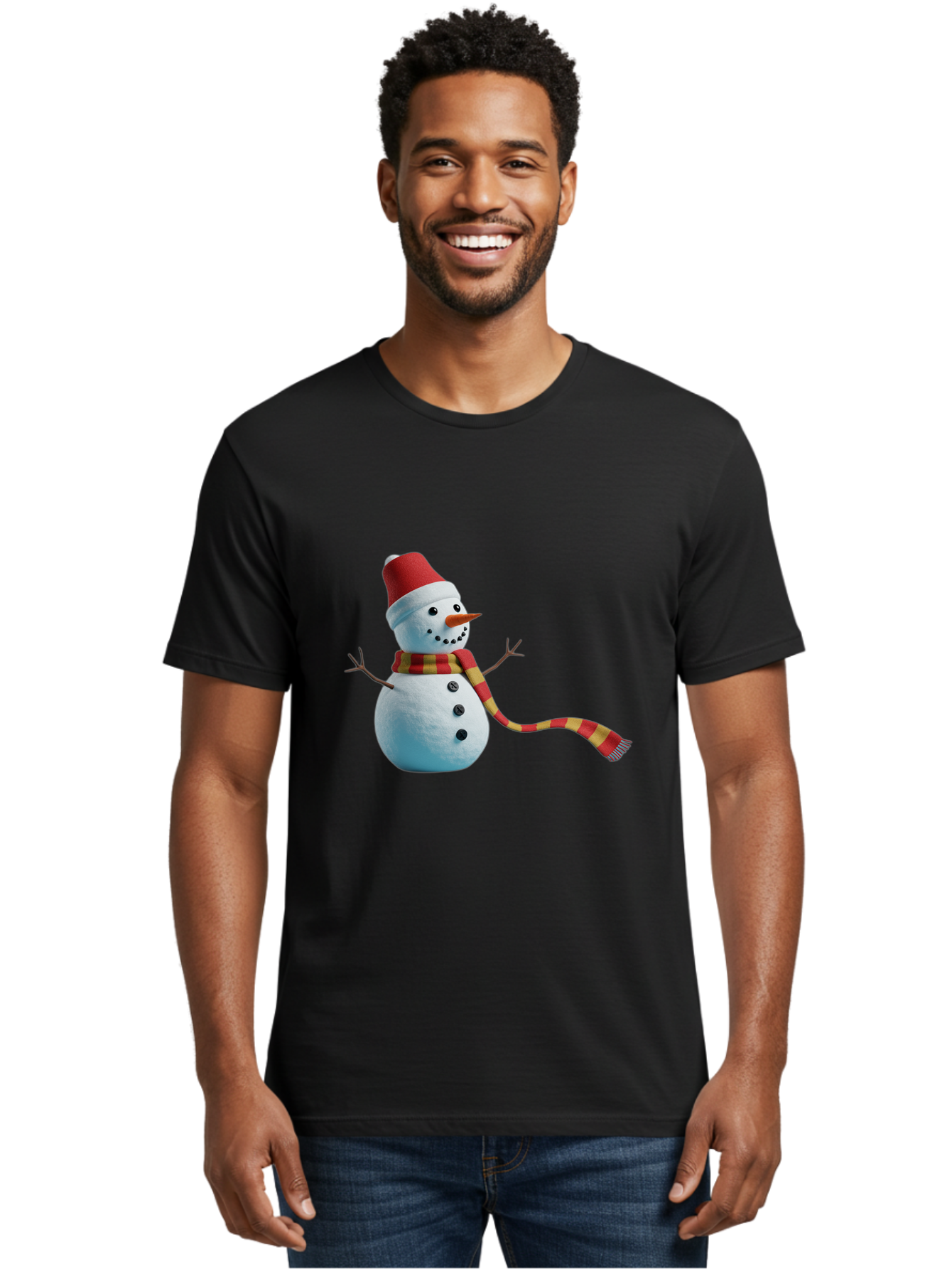 Snowman-6 Men'S Graphic Tee, 100% Cotton, Comfortable Casual Summer Wear, Machine Washable, Snowman Wearing Red Hat, Red And Yellow Scarf, Black Buttons, Carrot Nose, Festive Winter Decor, Holiday Character, Christmas Theme, Winter Wonderland, Bac442