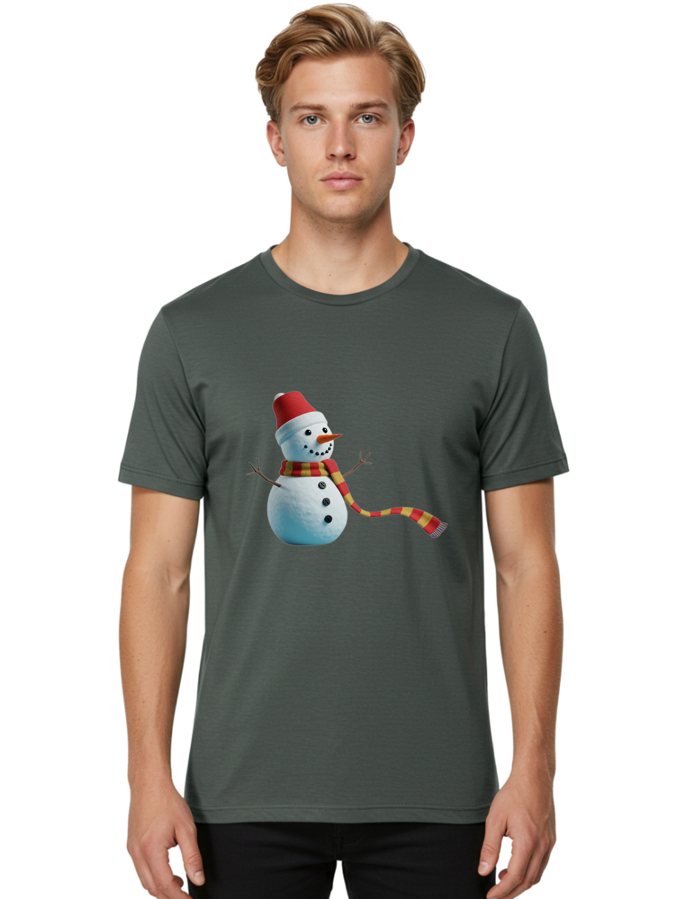 Snowman-6 Men'S Graphic Tee, 100% Cotton, Comfortable Casual Summer Wear, Machine Washable, Snowman Wearing Red Hat, Red And Yellow Scarf, Black Buttons, Carrot Nose, Festive Winter Decor, Holiday Character, Christmas Theme, Winter Wonderland, Bac442
