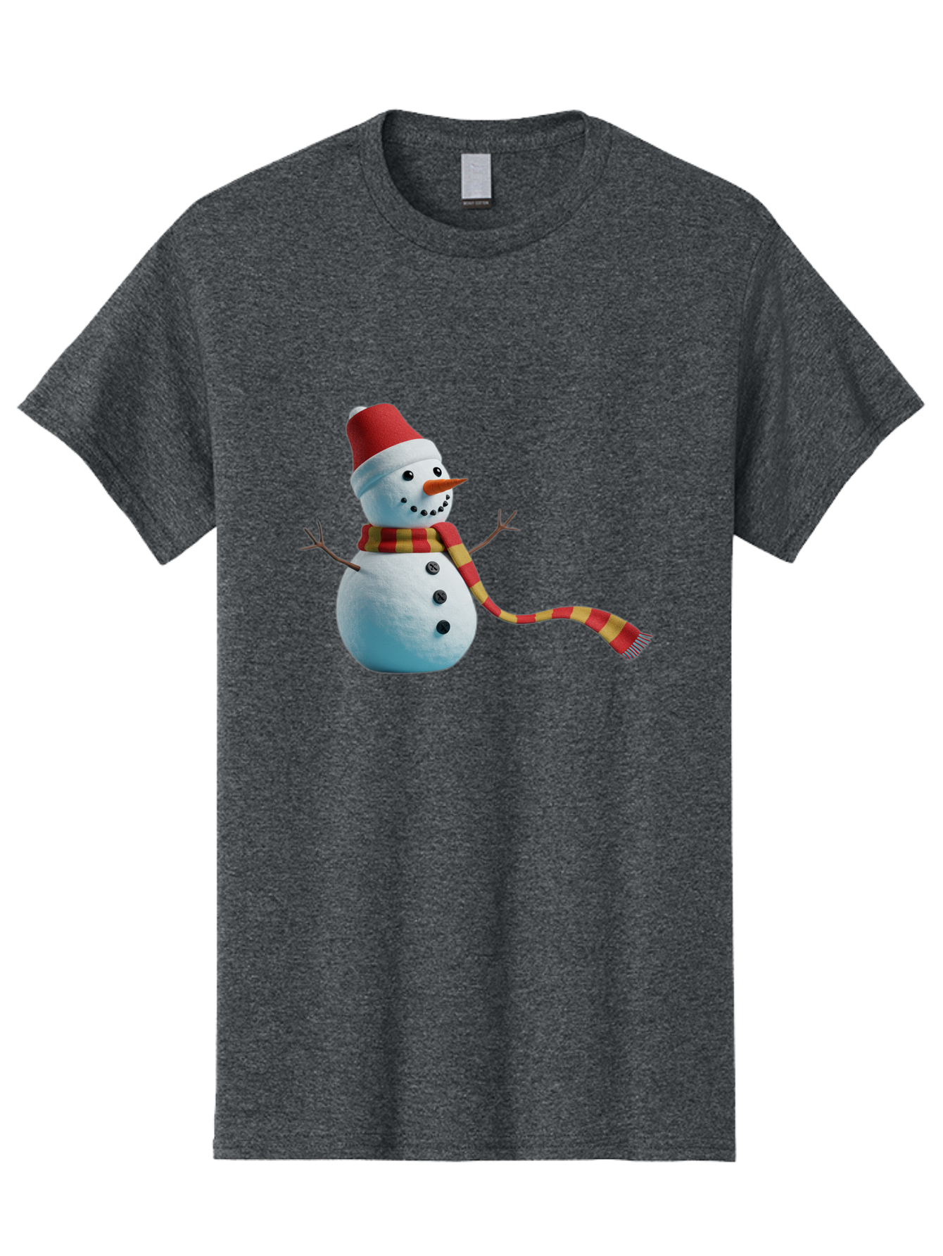 Snowman-6 Men'S Graphic Tee, 100% Cotton, Comfortable Casual Summer Wear, Machine Washable, Snowman Wearing Red Hat, Red And Yellow Scarf, Black Buttons, Carrot Nose, Festive Winter Decor, Holiday Character, Christmas Theme, Winter Wonderland, Bac442