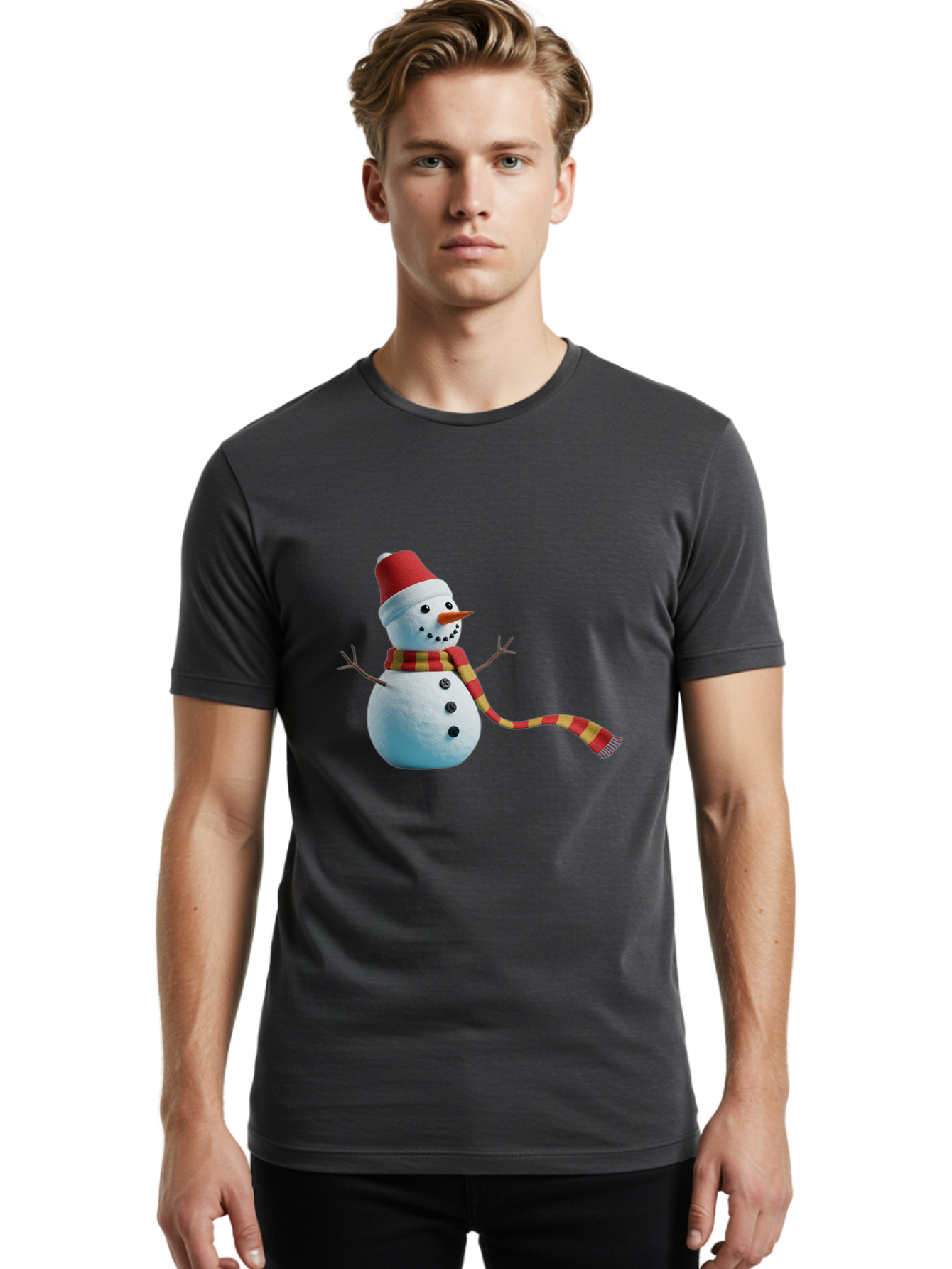 Snowman-6 Men'S Graphic Tee, 100% Cotton, Comfortable Casual Summer Wear, Machine Washable, Snowman Wearing Red Hat, Red And Yellow Scarf, Black Buttons, Carrot Nose, Festive Winter Decor, Holiday Character, Christmas Theme, Winter Wonderland, Bac442