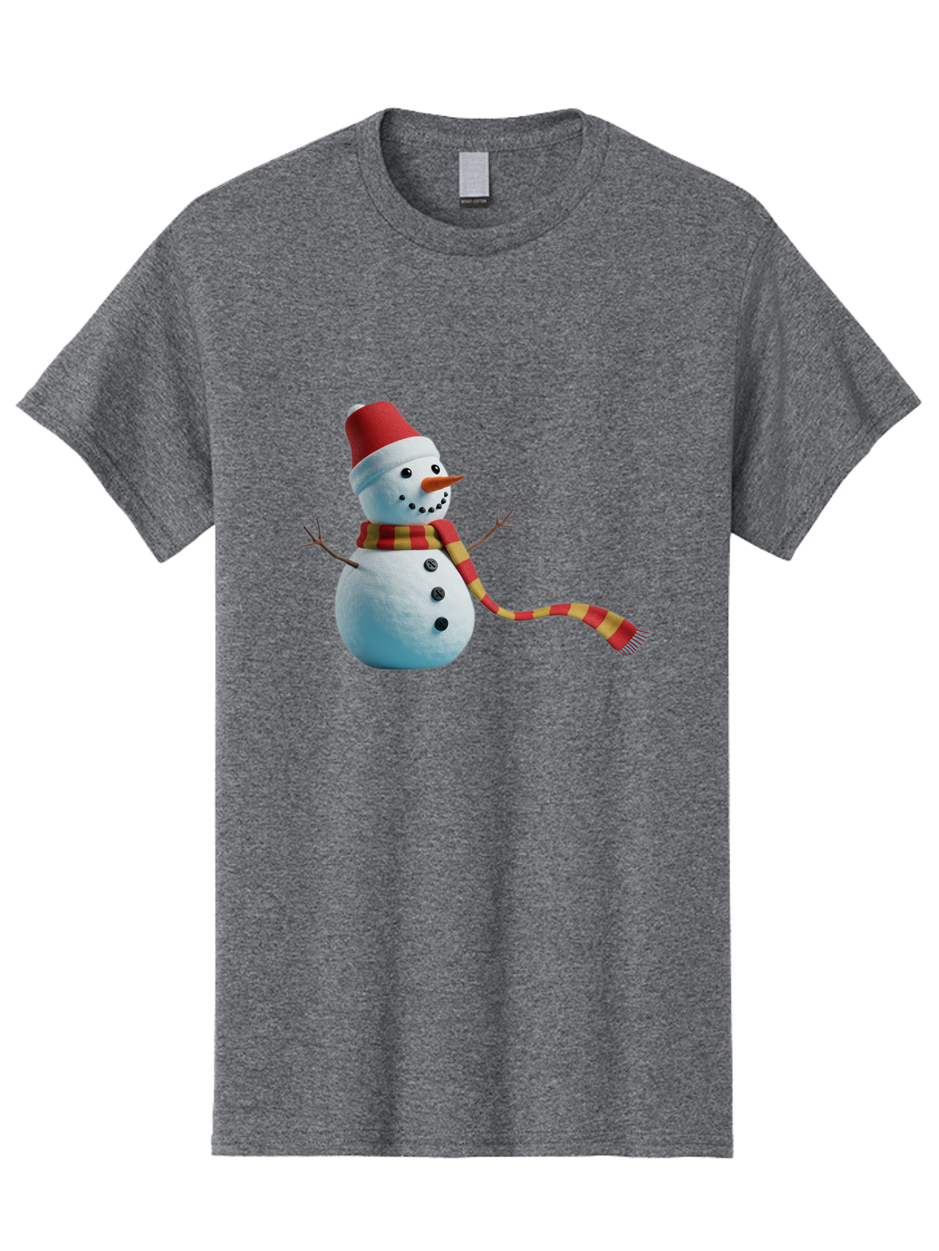 Snowman-6 Men'S Graphic Tee, 100% Cotton, Comfortable Casual Summer Wear, Machine Washable, Snowman Wearing Red Hat, Red And Yellow Scarf, Black Buttons, Carrot Nose, Festive Winter Decor, Holiday Character, Christmas Theme, Winter Wonderland, Bac442
