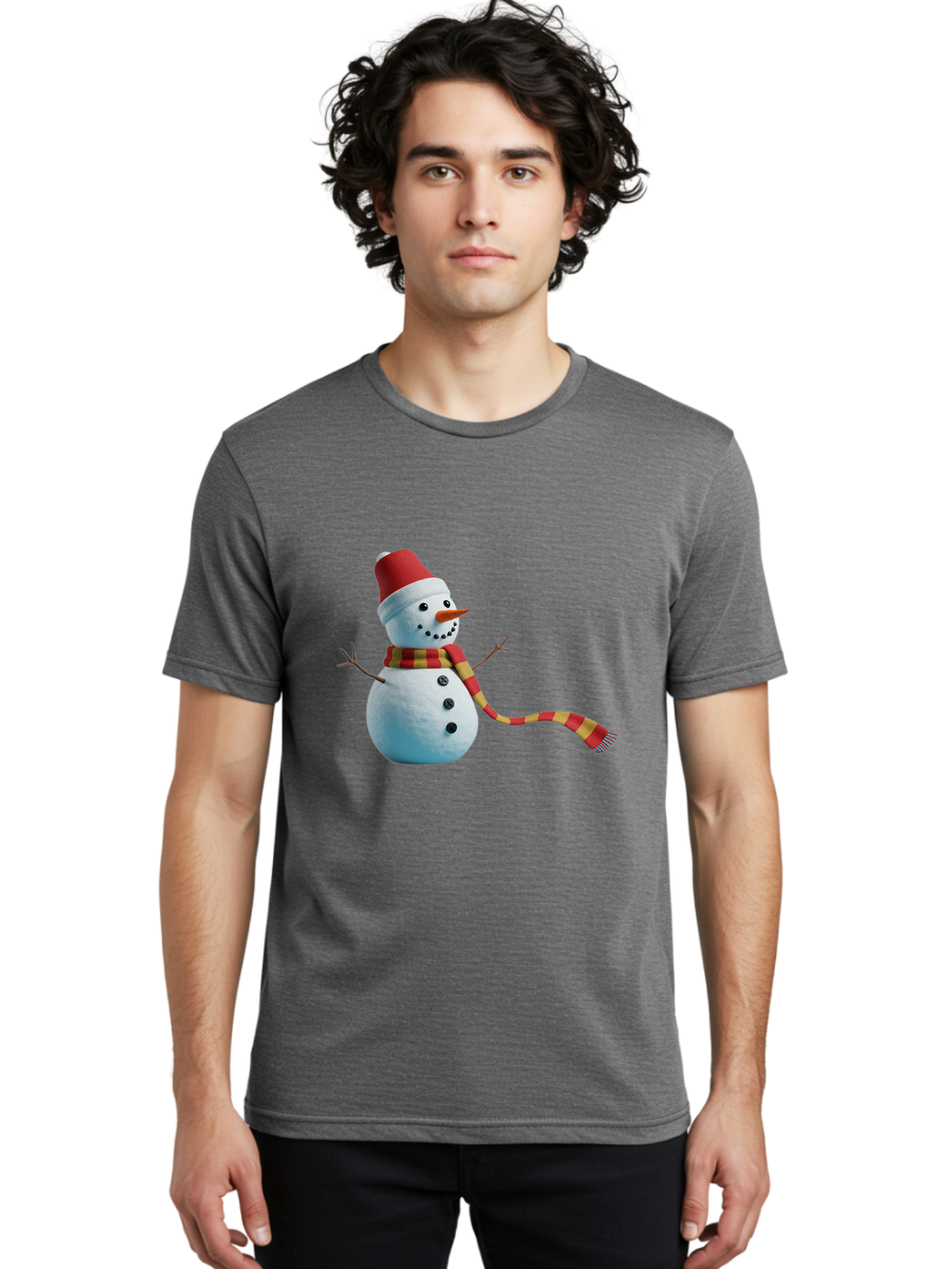 Snowman-6 Men'S Graphic Tee, 100% Cotton, Comfortable Casual Summer Wear, Machine Washable, Snowman Wearing Red Hat, Red And Yellow Scarf, Black Buttons, Carrot Nose, Festive Winter Decor, Holiday Character, Christmas Theme, Winter Wonderland, Bac442