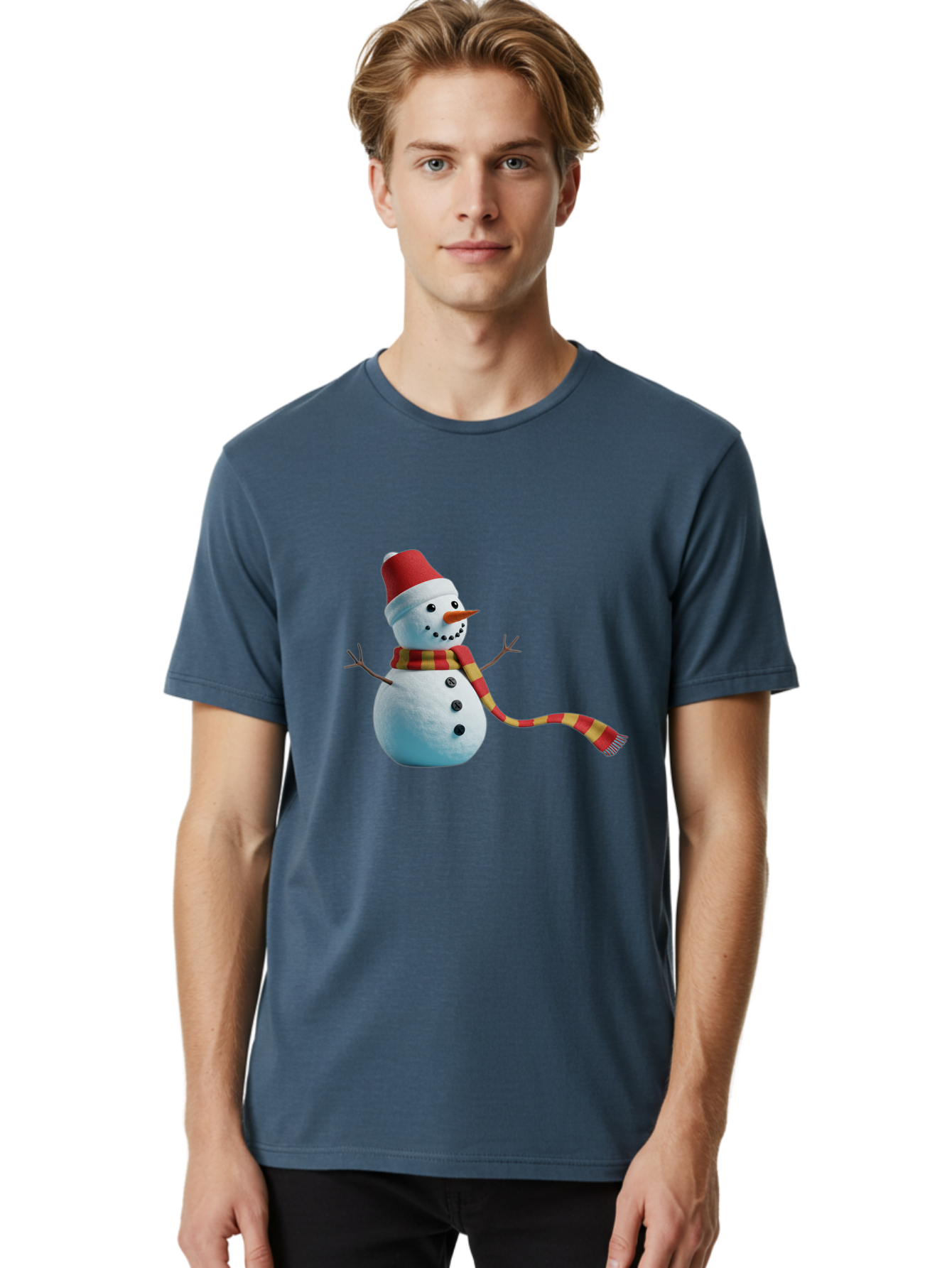 Snowman-6 Men'S Graphic Tee, 100% Cotton, Comfortable Casual Summer Wear, Machine Washable, Snowman Wearing Red Hat, Red And Yellow Scarf, Black Buttons, Carrot Nose, Festive Winter Decor, Holiday Character, Christmas Theme, Winter Wonderland, Bac442