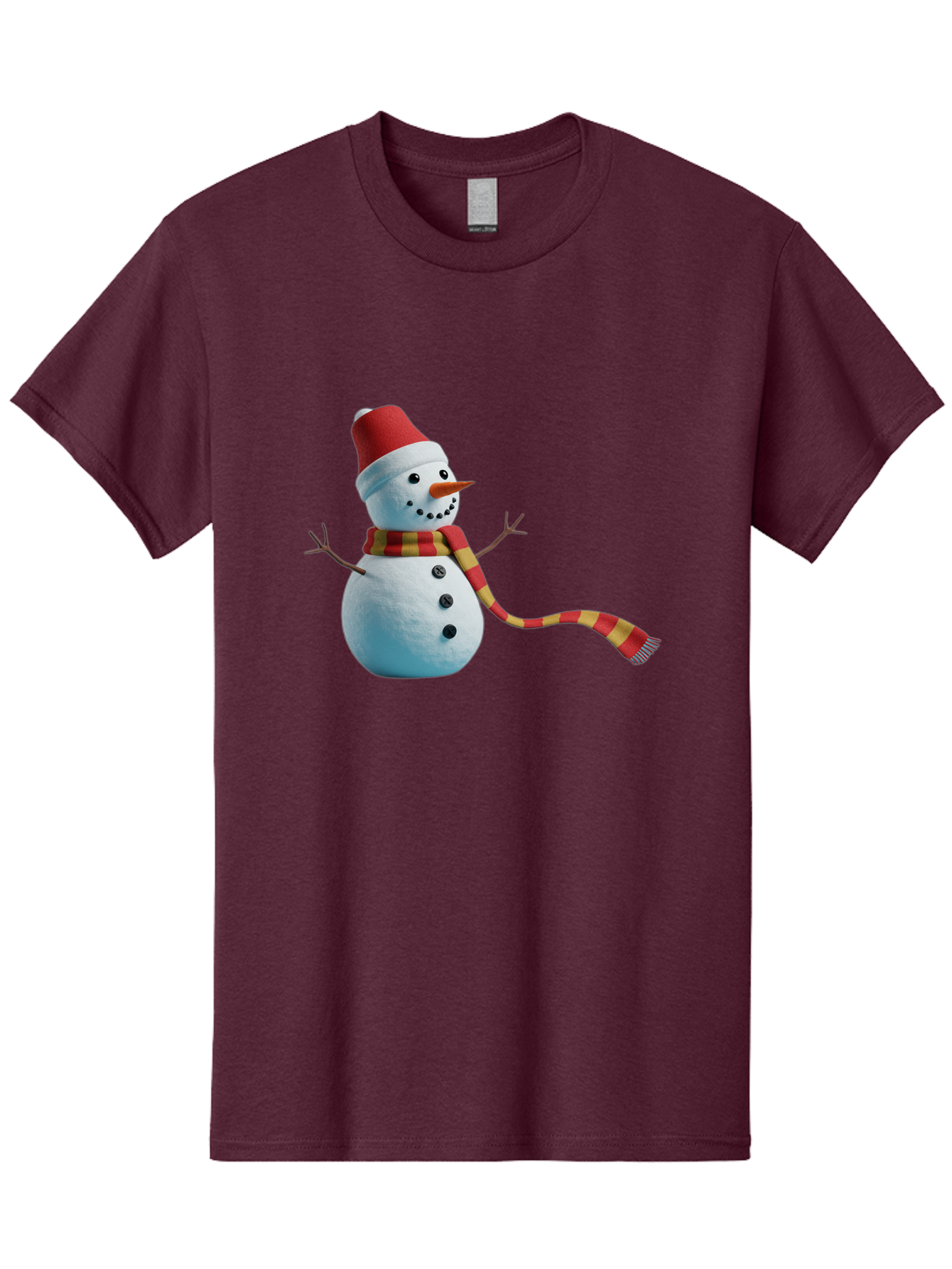 Snowman-6 Men'S Graphic Tee, 100% Cotton, Comfortable Casual Summer Wear, Machine Washable, Snowman Wearing Red Hat, Red And Yellow Scarf, Black Buttons, Carrot Nose, Festive Winter Decor, Holiday Character, Christmas Theme, Winter Wonderland, Bac442