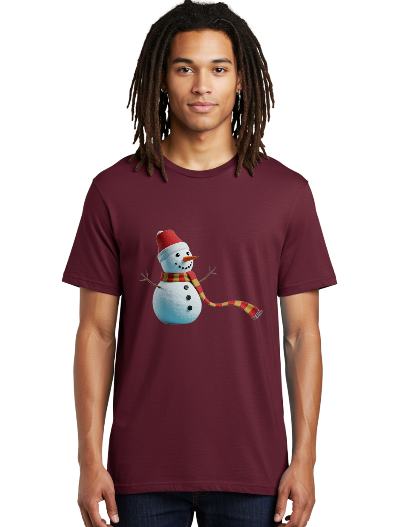 Snowman-6 Men'S Graphic Tee, 100% Cotton, Comfortable Casual Summer Wear, Machine Washable, Snowman Wearing Red Hat, Red And Yellow Scarf, Black Buttons, Carrot Nose, Festive Winter Decor, Holiday Character, Christmas Theme, Winter Wonderland, Bac442
