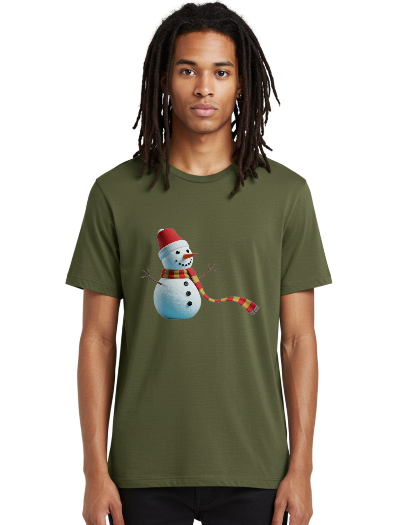Snowman-6 Men'S Graphic Tee, 100% Cotton, Comfortable Casual Summer Wear, Machine Washable, Snowman Wearing Red Hat, Red And Yellow Scarf, Black Buttons, Carrot Nose, Festive Winter Decor, Holiday Character, Christmas Theme, Winter Wonderland, Bac442