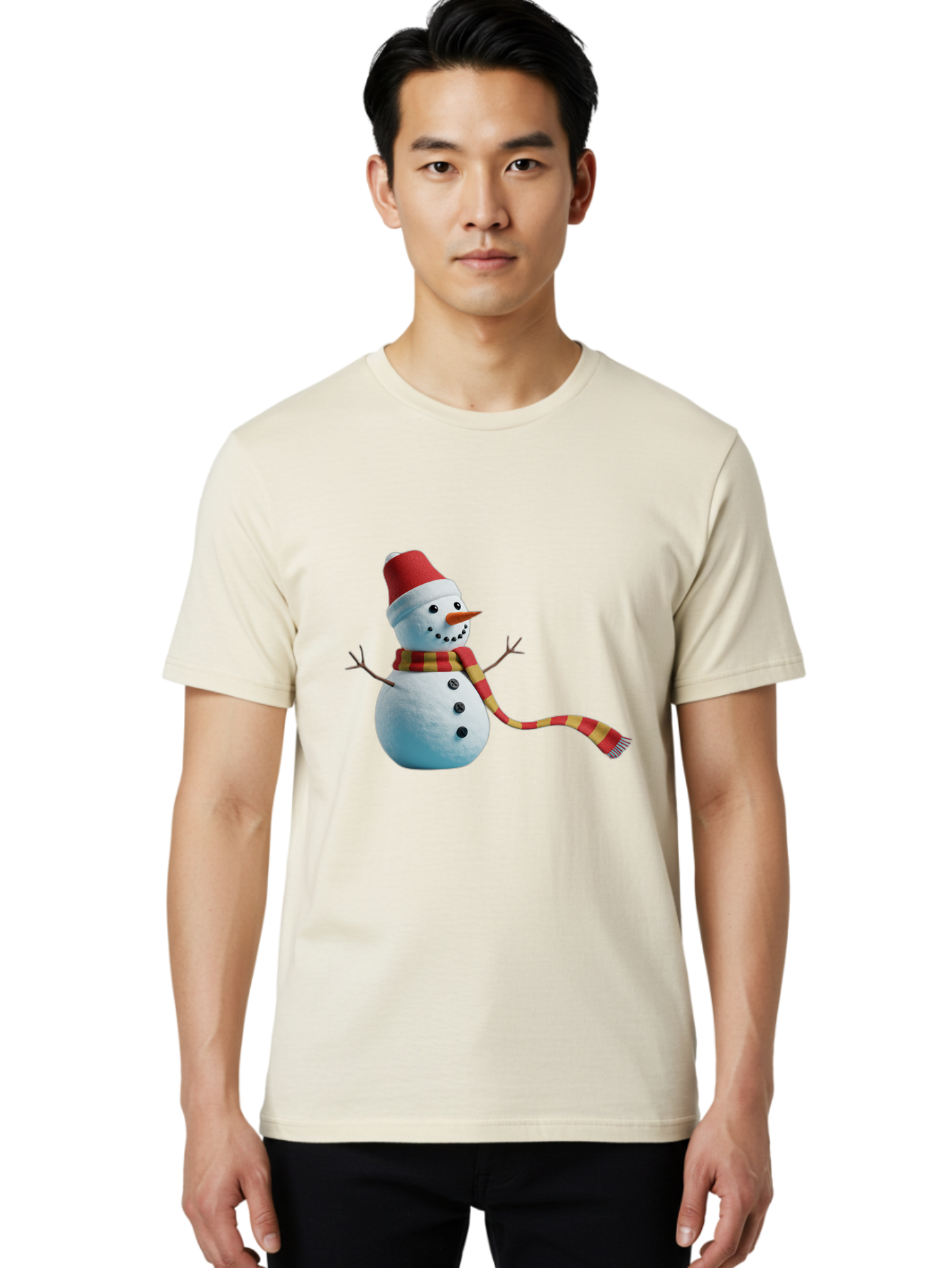 Snowman-6 Men'S Graphic Tee, 100% Cotton, Comfortable Casual Summer Wear, Machine Washable, Snowman Wearing Red Hat, Red And Yellow Scarf, Black Buttons, Carrot Nose, Festive Winter Decor, Holiday Character, Christmas Theme, Winter Wonderland, Bac442