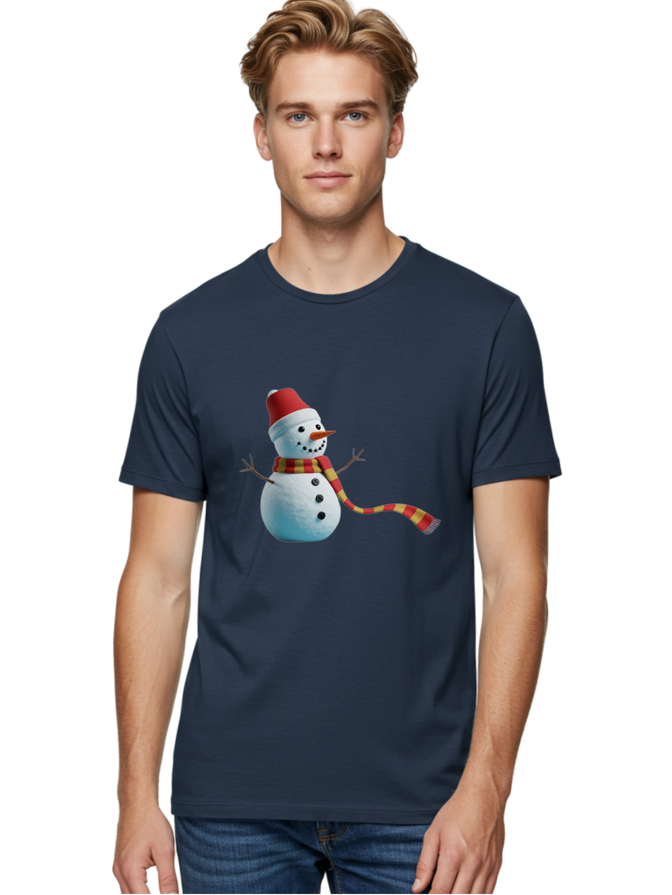 Snowman-6 Men'S Graphic Tee, 100% Cotton, Comfortable Casual Summer Wear, Machine Washable, Snowman Wearing Red Hat, Red And Yellow Scarf, Black Buttons, Carrot Nose, Festive Winter Decor, Holiday Character, Christmas Theme, Winter Wonderland, Bac442