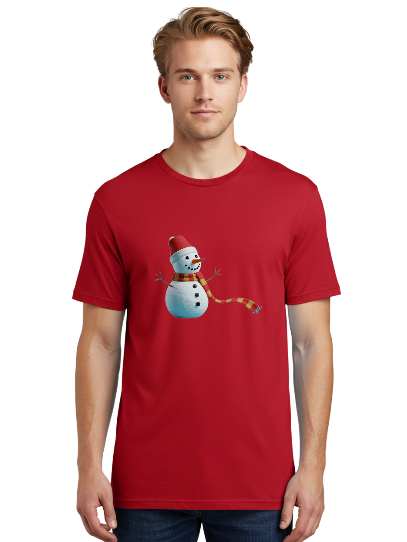 Snowman-6 Men'S Graphic Tee, 100% Cotton, Comfortable Casual Summer Wear, Machine Washable, Snowman Wearing Red Hat, Red And Yellow Scarf, Black Buttons, Carrot Nose, Festive Winter Decor, Holiday Character, Christmas Theme, Winter Wonderland, Bac442