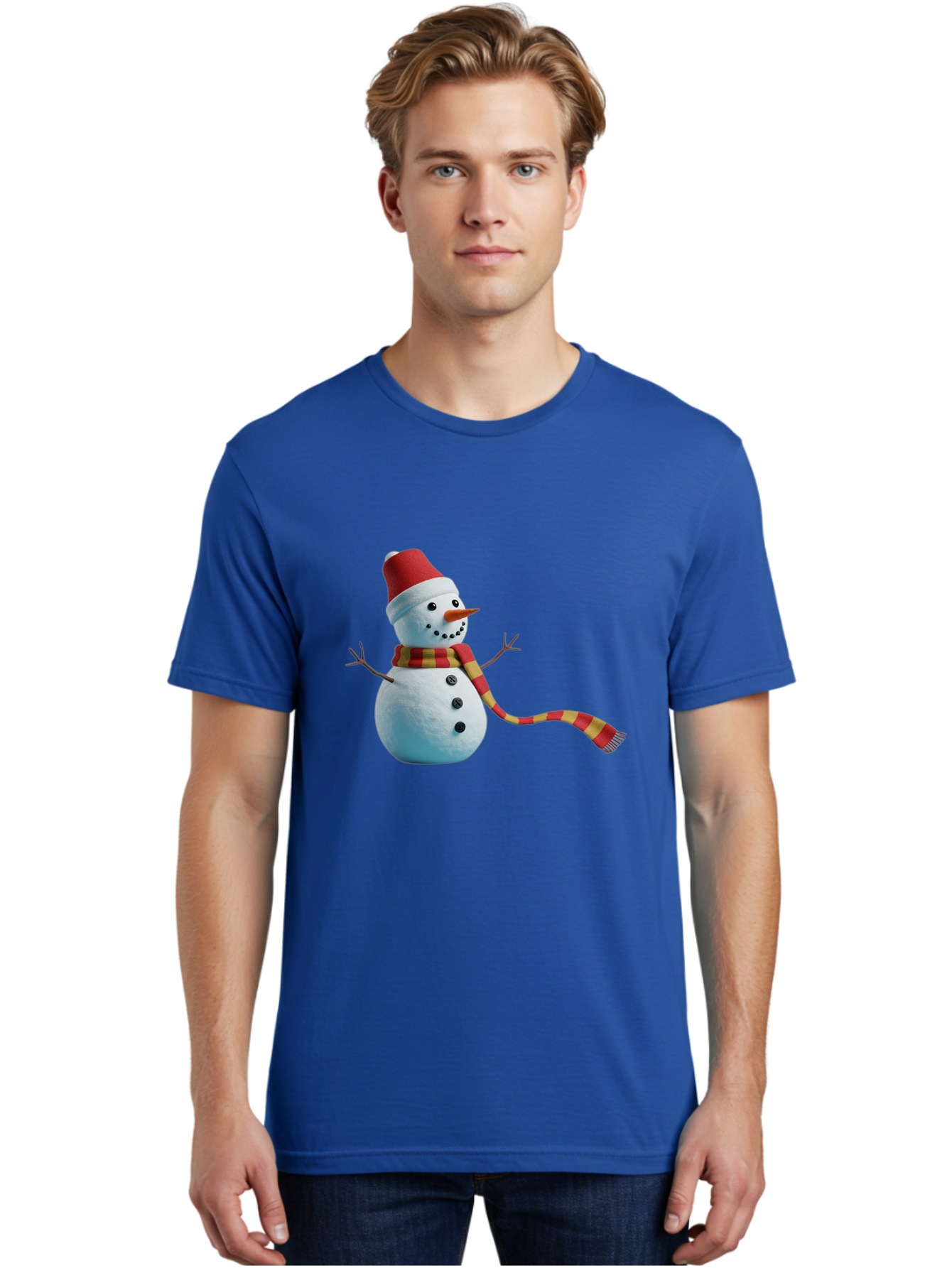 Snowman-6 Men'S Graphic Tee, 100% Cotton, Comfortable Casual Summer Wear, Machine Washable, Snowman Wearing Red Hat, Red And Yellow Scarf, Black Buttons, Carrot Nose, Festive Winter Decor, Holiday Character, Christmas Theme, Winter Wonderland, Bac442
