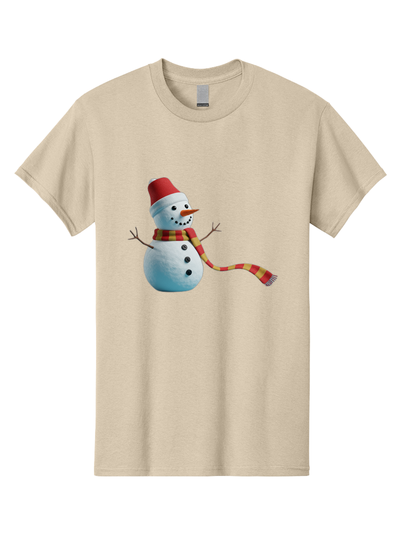 Snowman-6 Men'S Graphic Tee, 100% Cotton, Comfortable Casual Summer Wear, Machine Washable, Snowman Wearing Red Hat, Red And Yellow Scarf, Black Buttons, Carrot Nose, Festive Winter Decor, Holiday Character, Christmas Theme, Winter Wonderland, Bac442