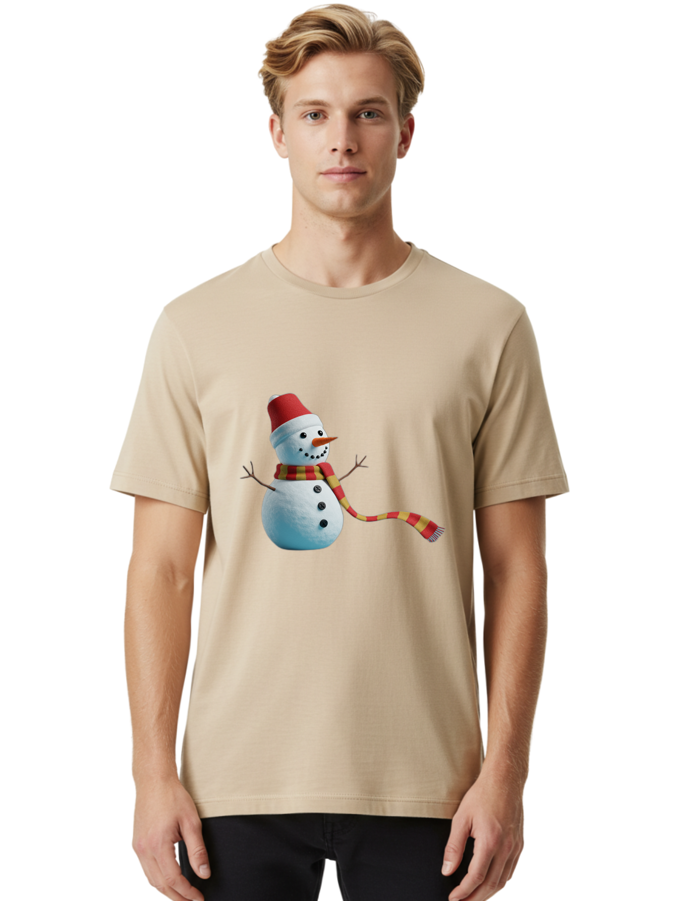 Snowman-6 Men'S Graphic Tee, 100% Cotton, Comfortable Casual Summer Wear, Machine Washable, Snowman Wearing Red Hat, Red And Yellow Scarf, Black Buttons, Carrot Nose, Festive Winter Decor, Holiday Character, Christmas Theme, Winter Wonderland, Bac442