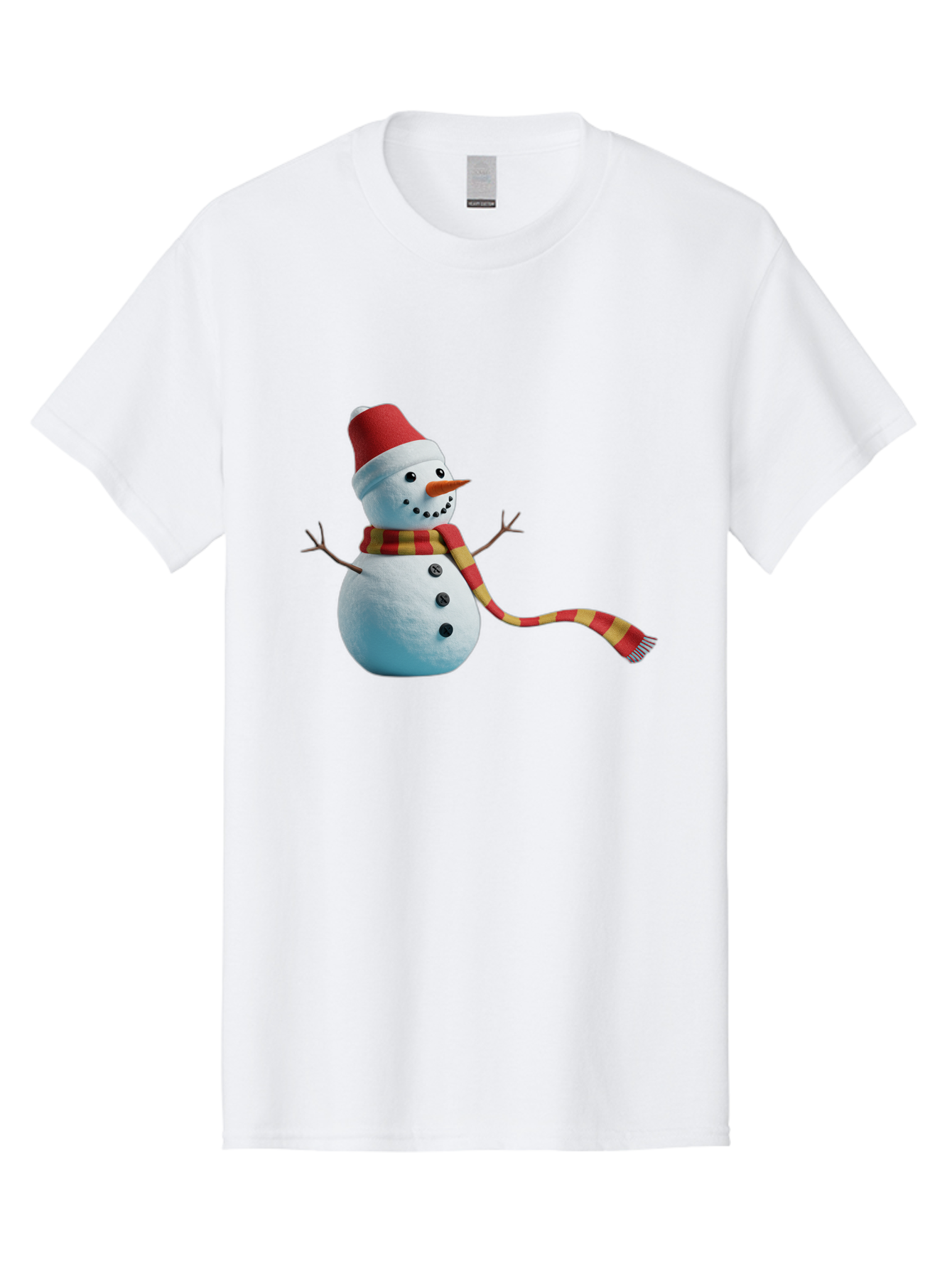 Snowman-6 Men'S Graphic Tee, 100% Cotton, Comfortable Casual Summer Wear, Machine Washable, Snowman Wearing Red Hat, Red And Yellow Scarf, Black Buttons, Carrot Nose, Festive Winter Decor, Holiday Character, Christmas Theme, Winter Wonderland, Bac442