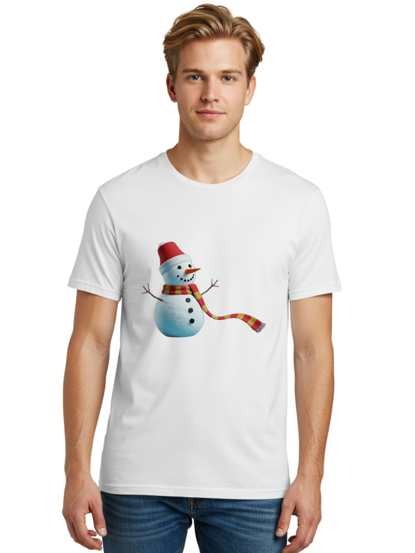 Snowman-6 Men'S Graphic Tee, 100% Cotton, Comfortable Casual Summer Wear, Machine Washable, Snowman Wearing Red Hat, Red And Yellow Scarf, Black Buttons, Carrot Nose, Festive Winter Decor, Holiday Character, Christmas Theme, Winter Wonderland, Bac442