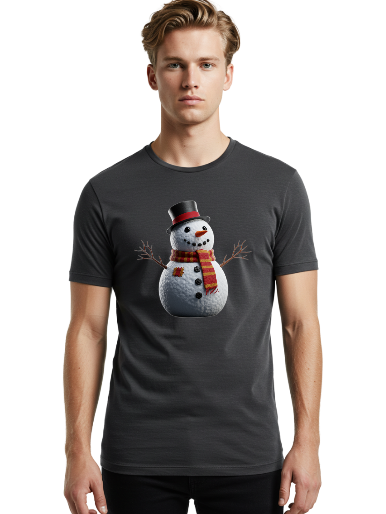 Snowman-In-Top-Hat Men'S Graphic Tee, 100% Cotton, Comfortable Casual Summer Wear, Machine Washable, Snowman With Top Hat, Red And Yellow Striped Scarf, Carrot Nose, Coal Eyes, Festive Winter Character, Winter Holiday Season, Bac443