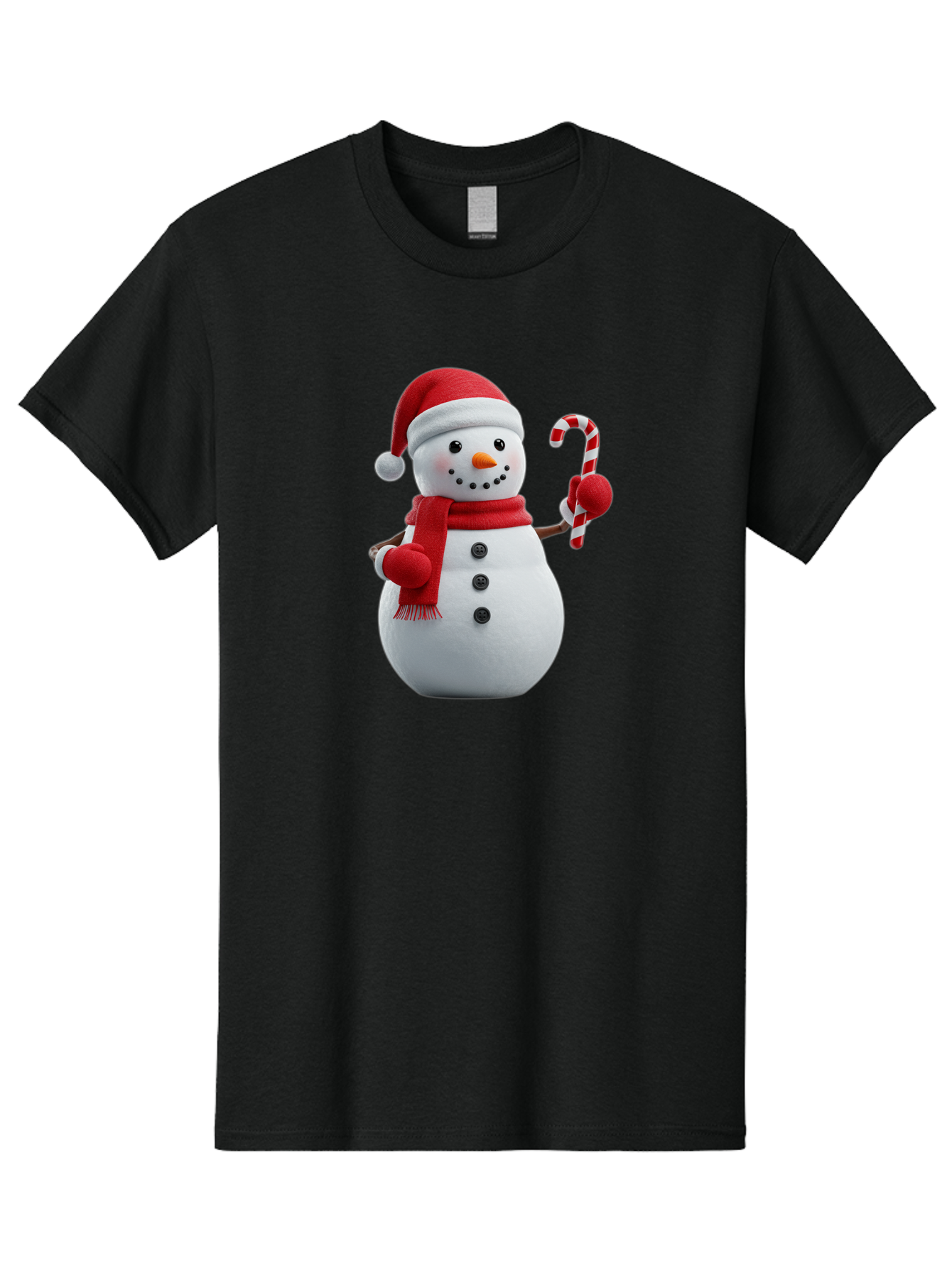 Snowman-With-Santa-Hat Men'S Graphic Tee, 100% Cotton, Comfortable Casual Summer Wear, Machine Washable, Snowman Wearing Red Hat, Red Scarf, Three Black Buttons, Carrot Nose, Holding Candy Cane, Festive Holiday Character, Winter Wonderland, Bac444