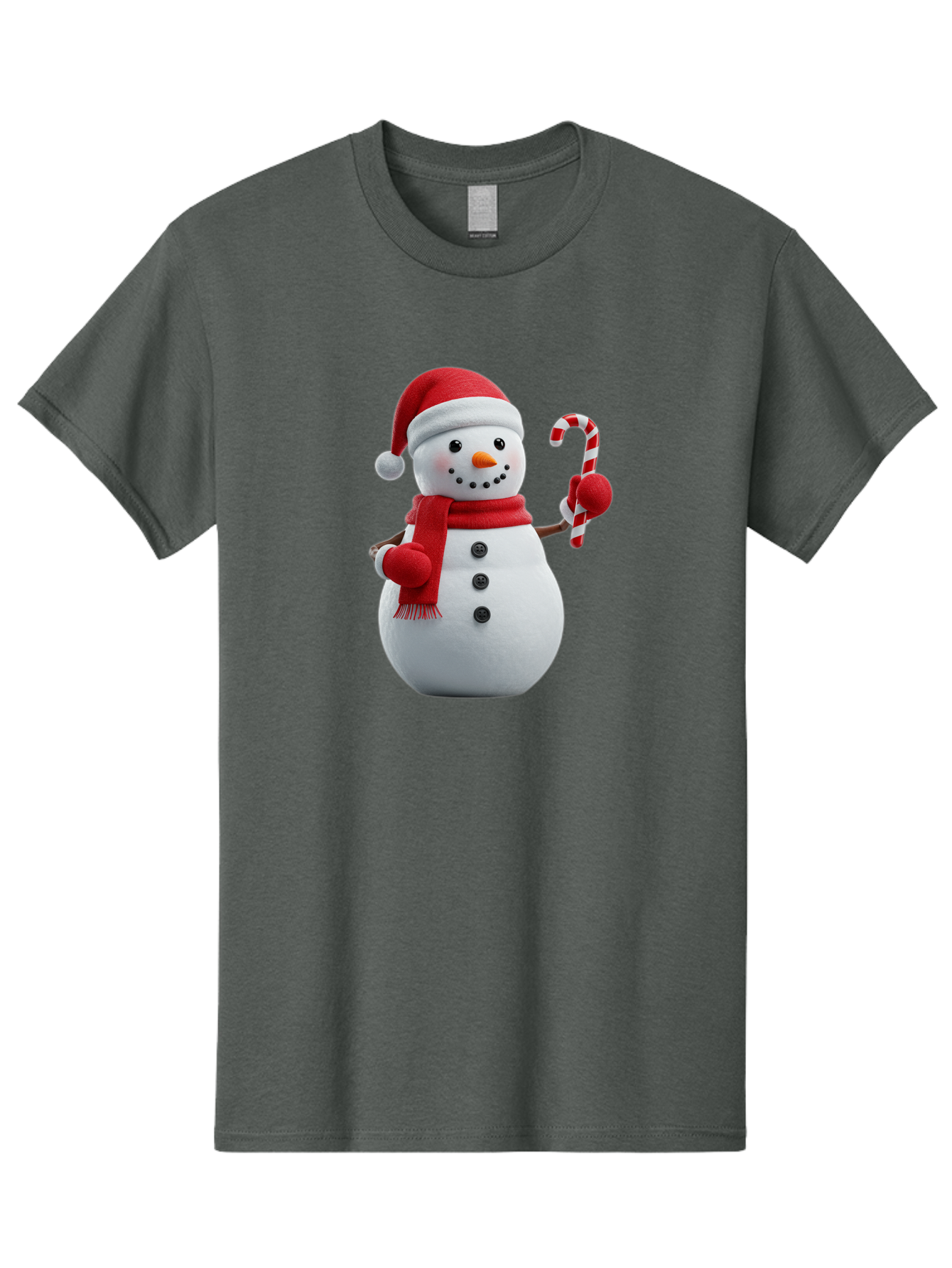 Snowman-With-Santa-Hat Men'S Graphic Tee, 100% Cotton, Comfortable Casual Summer Wear, Machine Washable, Snowman Wearing Red Hat, Red Scarf, Three Black Buttons, Carrot Nose, Holding Candy Cane, Festive Holiday Character, Winter Wonderland, Bac444