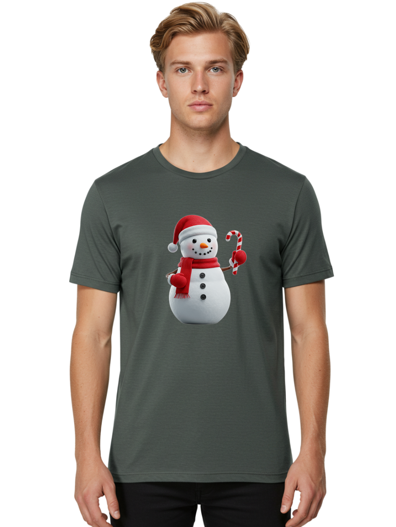 Snowman-With-Santa-Hat Men'S Graphic Tee, 100% Cotton, Comfortable Casual Summer Wear, Machine Washable, Snowman Wearing Red Hat, Red Scarf, Three Black Buttons, Carrot Nose, Holding Candy Cane, Festive Holiday Character, Winter Wonderland, Bac444