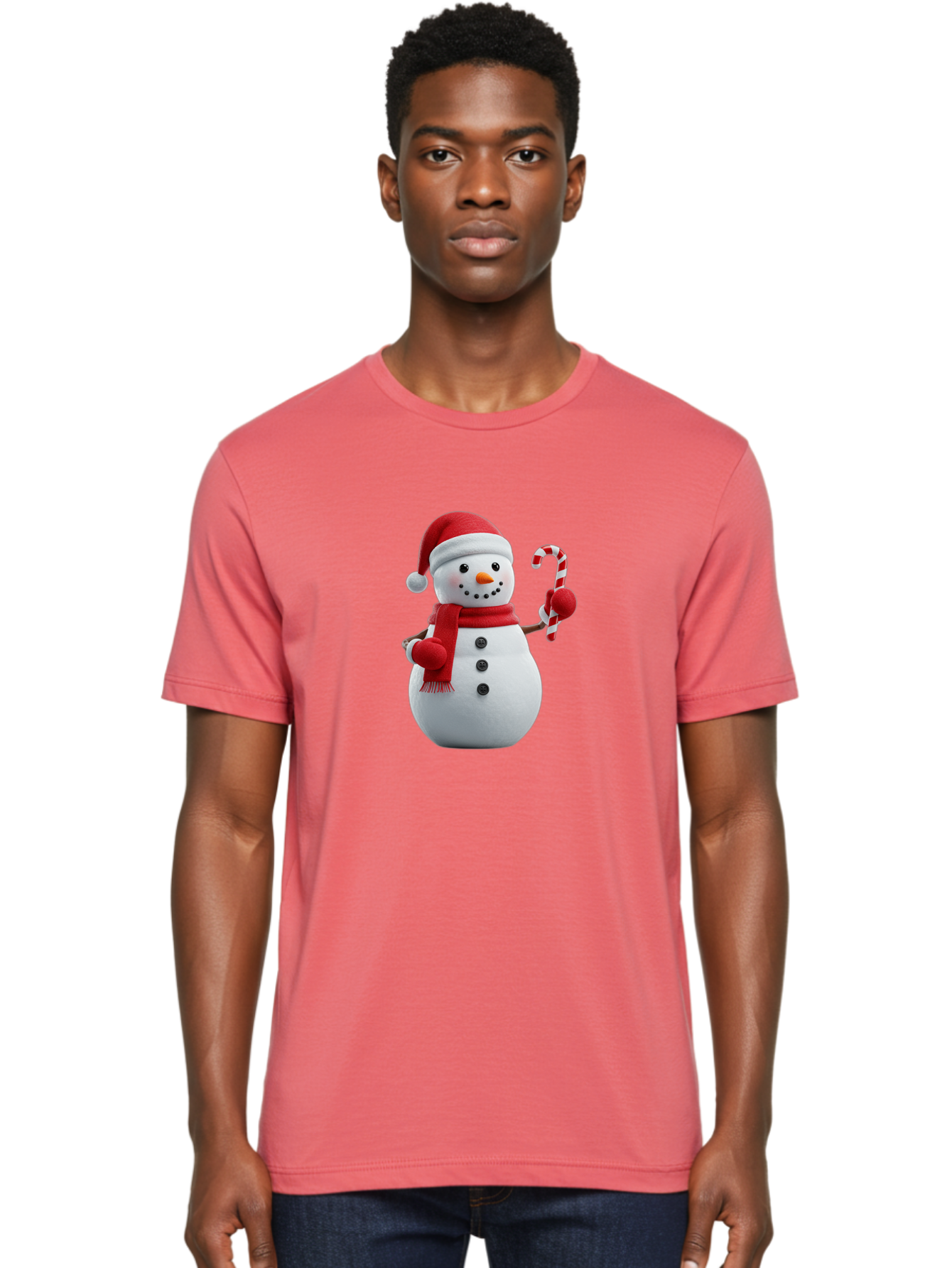 Snowman-With-Santa-Hat Men'S Graphic Tee, 100% Cotton, Comfortable Casual Summer Wear, Machine Washable, Snowman Wearing Red Hat, Red Scarf, Three Black Buttons, Carrot Nose, Holding Candy Cane, Festive Holiday Character, Winter Wonderland, Bac444
