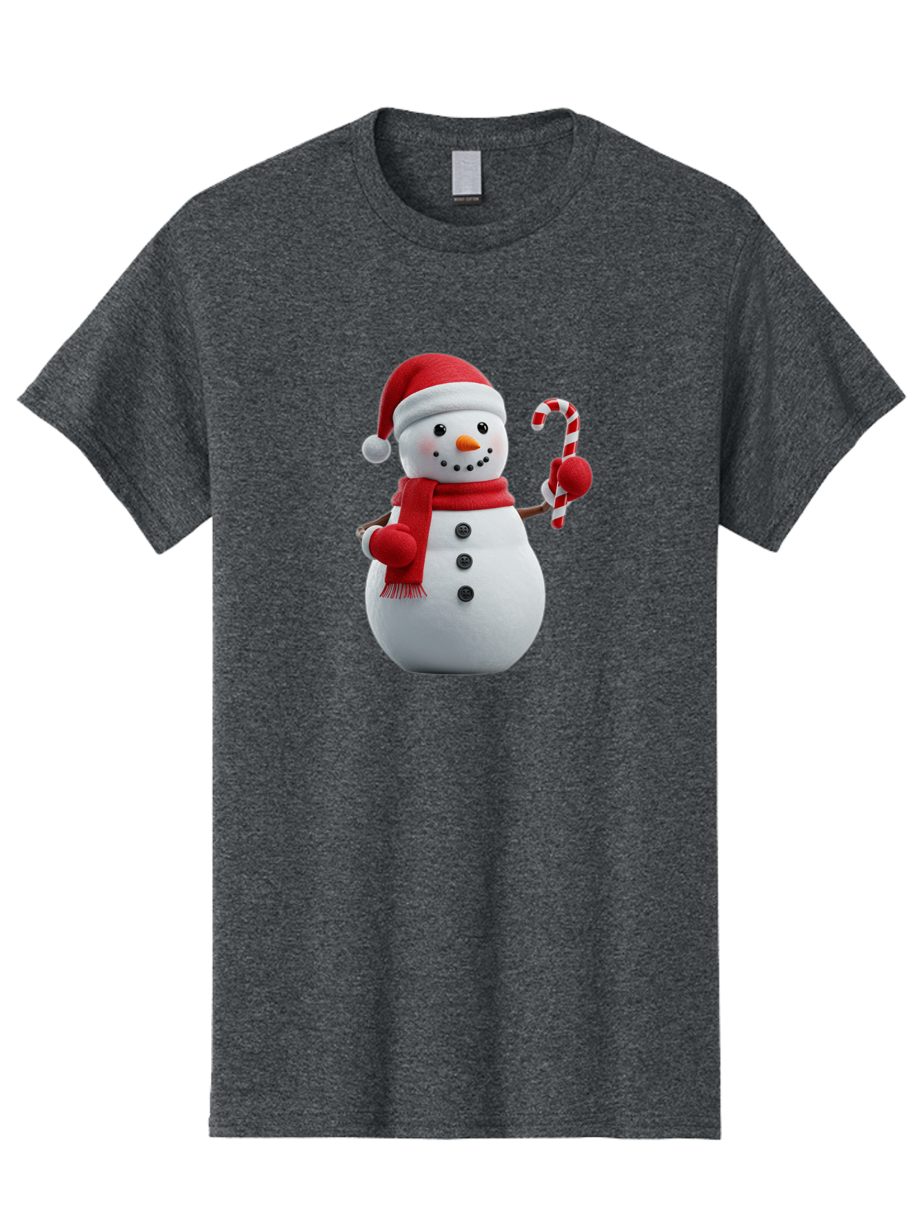 Snowman-With-Santa-Hat Men'S Graphic Tee, 100% Cotton, Comfortable Casual Summer Wear, Machine Washable, Snowman Wearing Red Hat, Red Scarf, Three Black Buttons, Carrot Nose, Holding Candy Cane, Festive Holiday Character, Winter Wonderland, Bac444