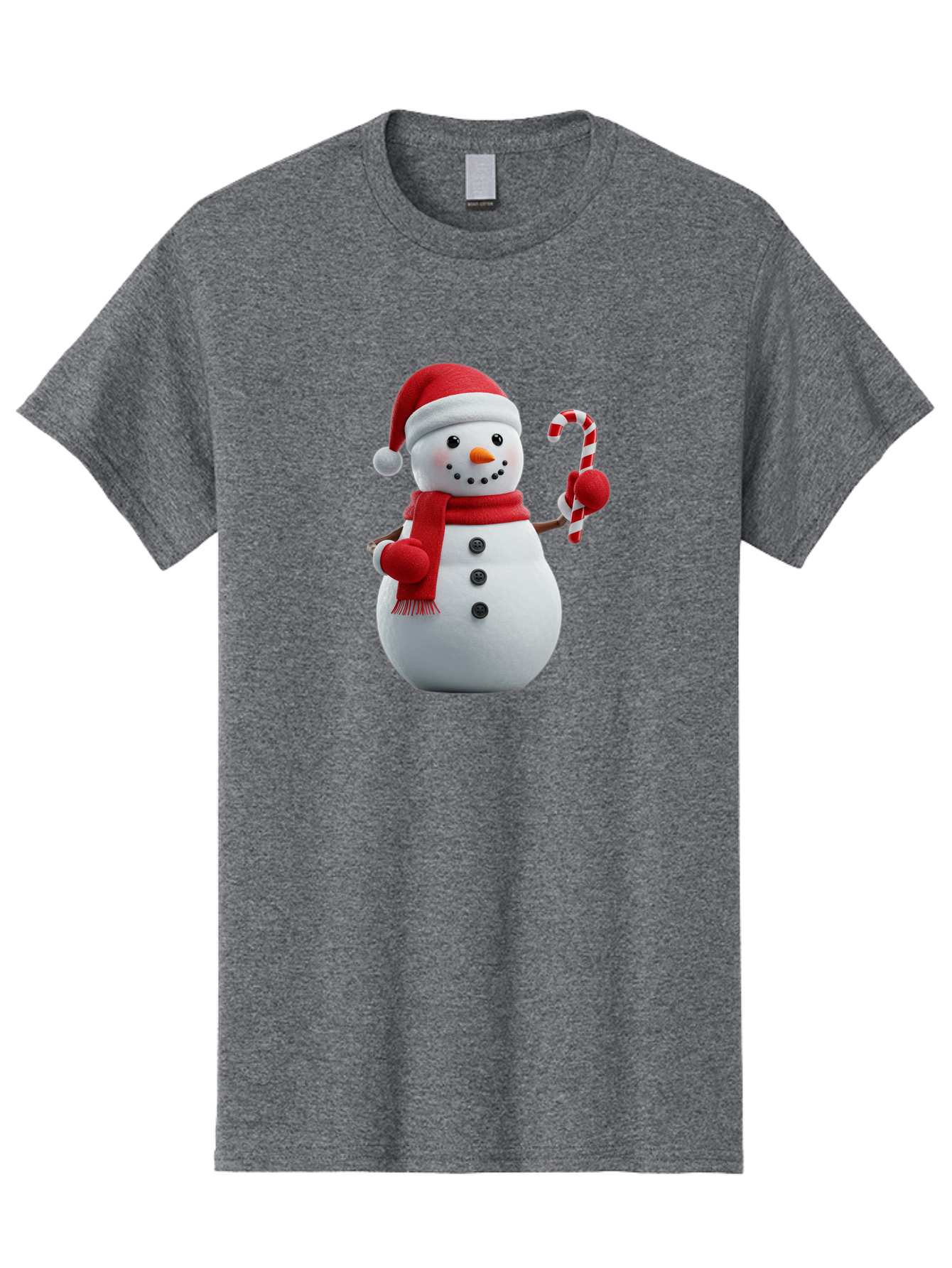 Snowman-With-Santa-Hat Men'S Graphic Tee, 100% Cotton, Comfortable Casual Summer Wear, Machine Washable, Snowman Wearing Red Hat, Red Scarf, Three Black Buttons, Carrot Nose, Holding Candy Cane, Festive Holiday Character, Winter Wonderland, Bac444