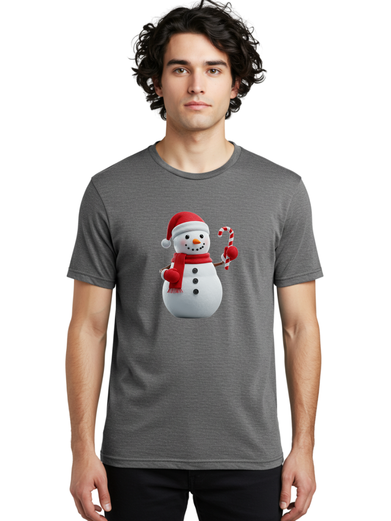 Snowman-With-Santa-Hat Men'S Graphic Tee, 100% Cotton, Comfortable Casual Summer Wear, Machine Washable, Snowman Wearing Red Hat, Red Scarf, Three Black Buttons, Carrot Nose, Holding Candy Cane, Festive Holiday Character, Winter Wonderland, Bac444
