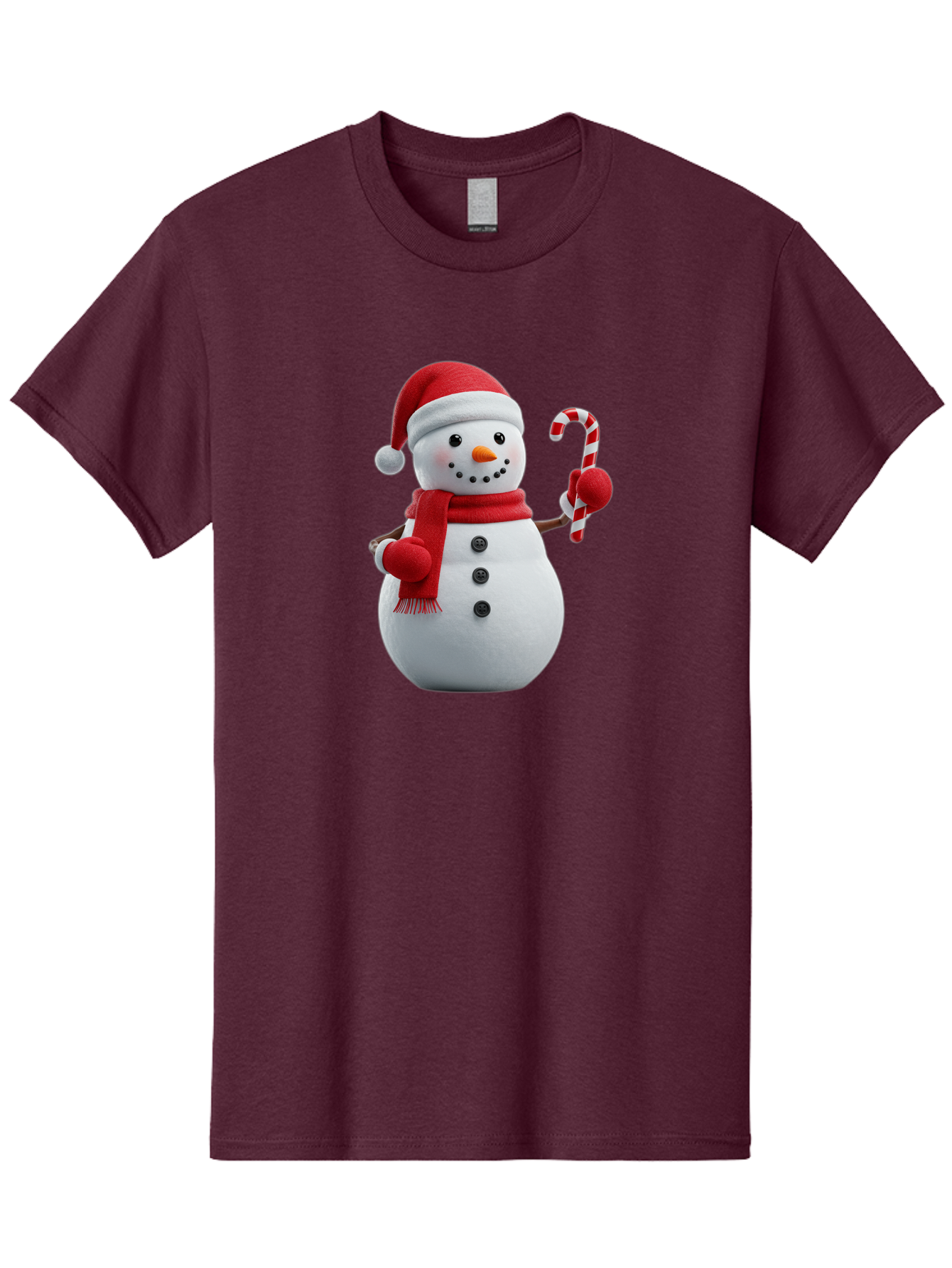 Snowman-With-Santa-Hat Men'S Graphic Tee, 100% Cotton, Comfortable Casual Summer Wear, Machine Washable, Snowman Wearing Red Hat, Red Scarf, Three Black Buttons, Carrot Nose, Holding Candy Cane, Festive Holiday Character, Winter Wonderland, Bac444