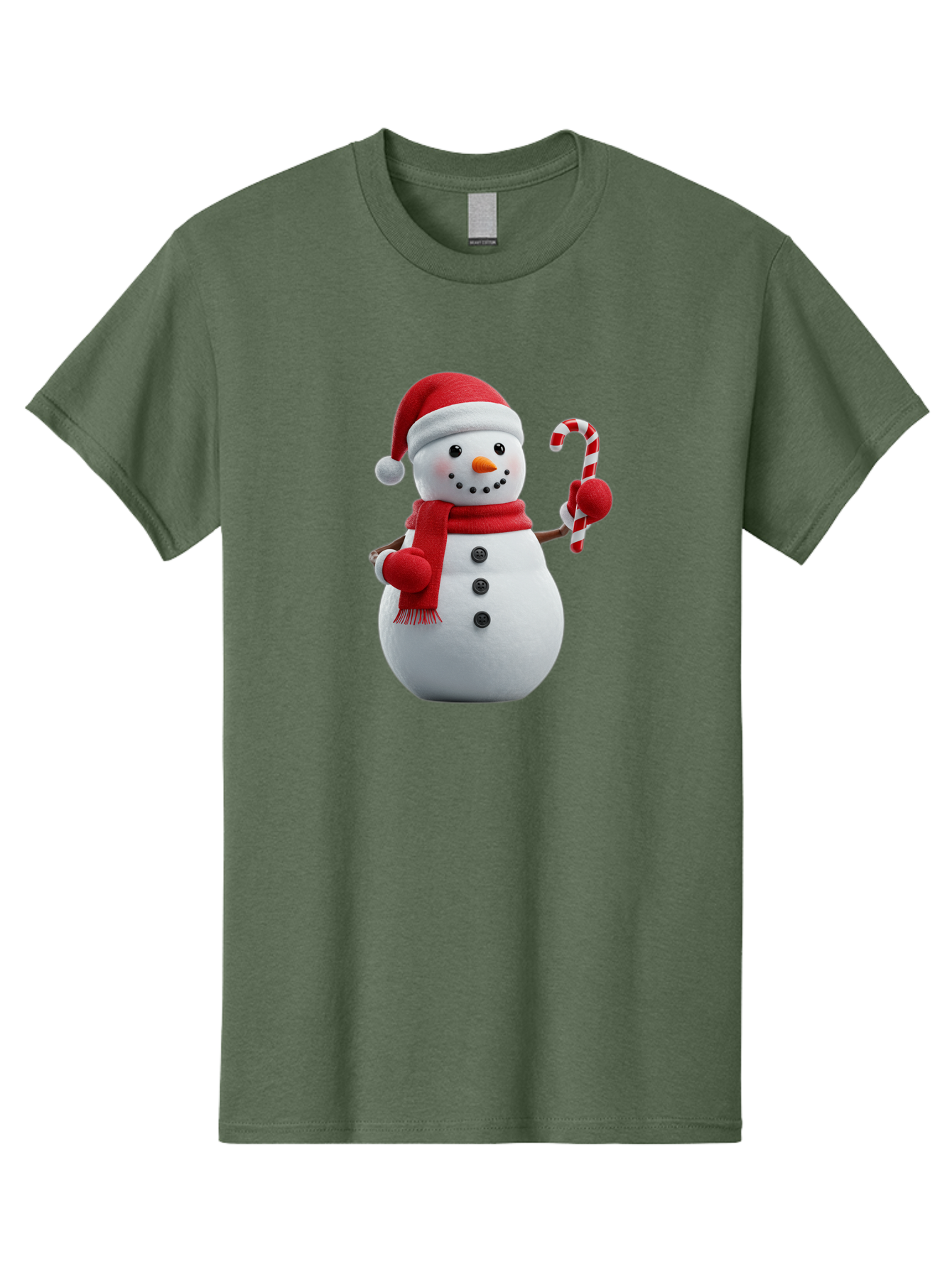 Snowman-With-Santa-Hat Men'S Graphic Tee, 100% Cotton, Comfortable Casual Summer Wear, Machine Washable, Snowman Wearing Red Hat, Red Scarf, Three Black Buttons, Carrot Nose, Holding Candy Cane, Festive Holiday Character, Winter Wonderland, Bac444