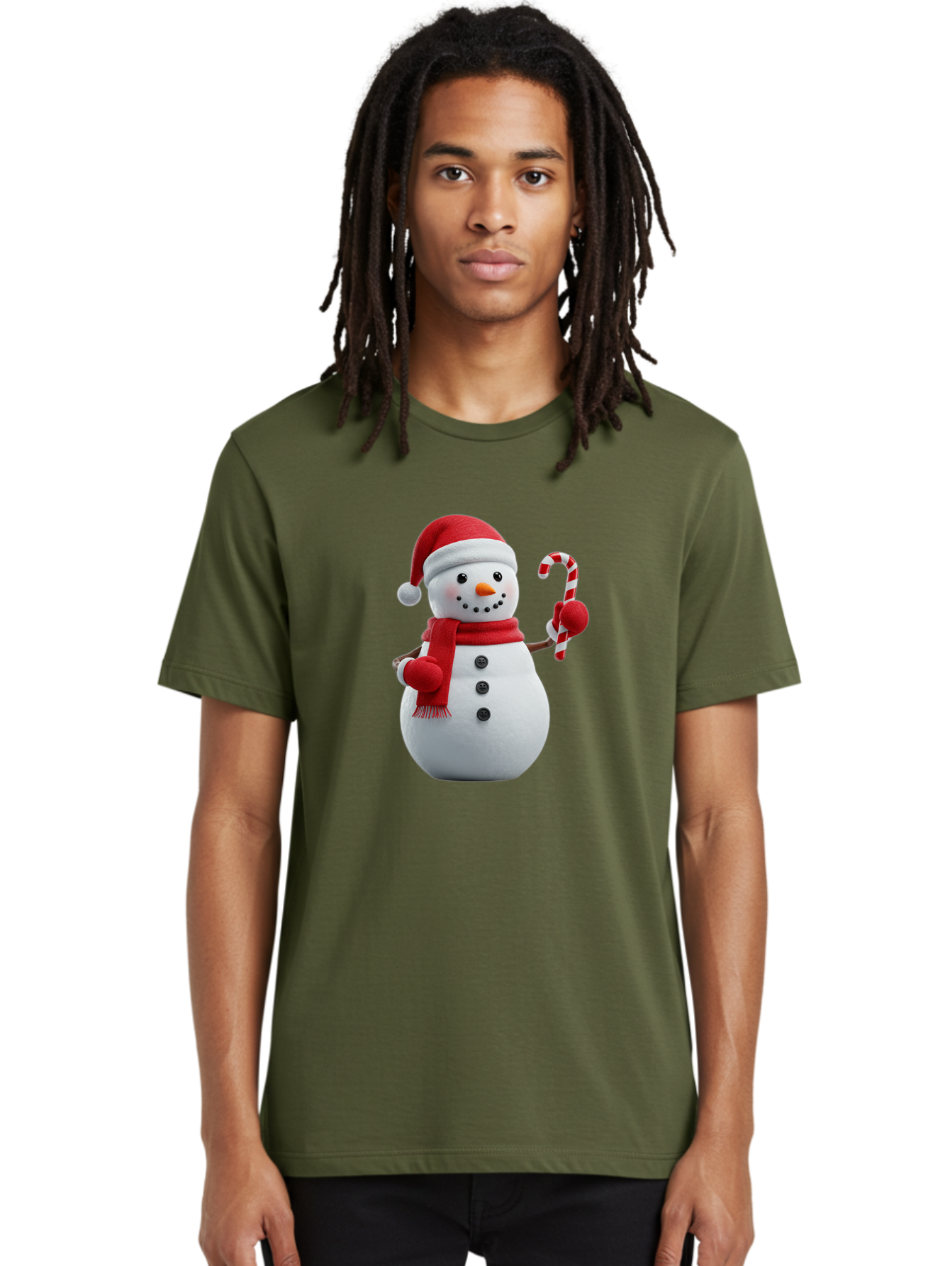 Snowman-With-Santa-Hat Men'S Graphic Tee, 100% Cotton, Comfortable Casual Summer Wear, Machine Washable, Snowman Wearing Red Hat, Red Scarf, Three Black Buttons, Carrot Nose, Holding Candy Cane, Festive Holiday Character, Winter Wonderland, Bac444
