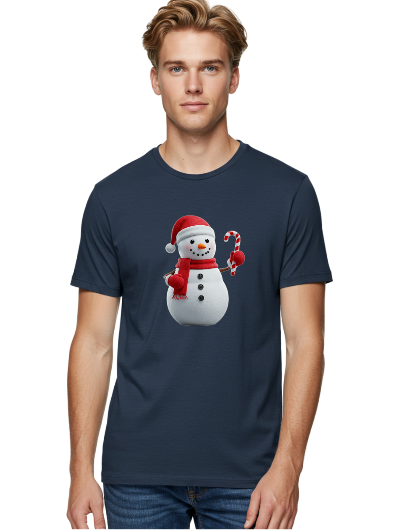 Snowman-With-Santa-Hat Men'S Graphic Tee, 100% Cotton, Comfortable Casual Summer Wear, Machine Washable, Snowman Wearing Red Hat, Red Scarf, Three Black Buttons, Carrot Nose, Holding Candy Cane, Festive Holiday Character, Winter Wonderland, Bac444