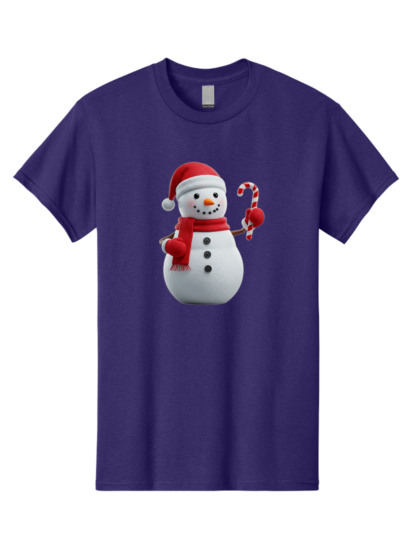 Snowman-With-Santa-Hat Men'S Graphic Tee, 100% Cotton, Comfortable Casual Summer Wear, Machine Washable, Snowman Wearing Red Hat, Red Scarf, Three Black Buttons, Carrot Nose, Holding Candy Cane, Festive Holiday Character, Winter Wonderland, Bac444