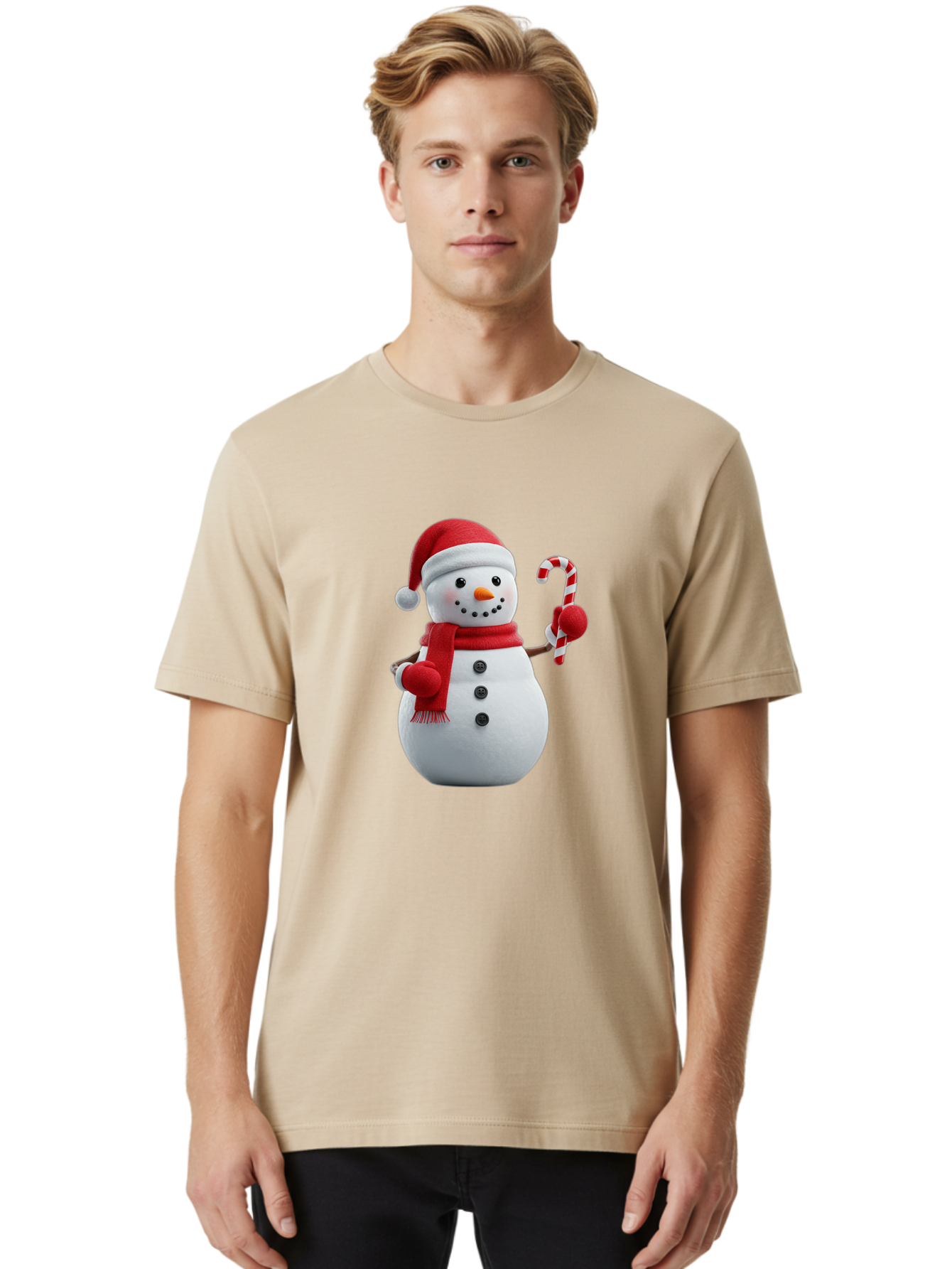 Snowman-With-Santa-Hat Men'S Graphic Tee, 100% Cotton, Comfortable Casual Summer Wear, Machine Washable, Snowman Wearing Red Hat, Red Scarf, Three Black Buttons, Carrot Nose, Holding Candy Cane, Festive Holiday Character, Winter Wonderland, Bac444