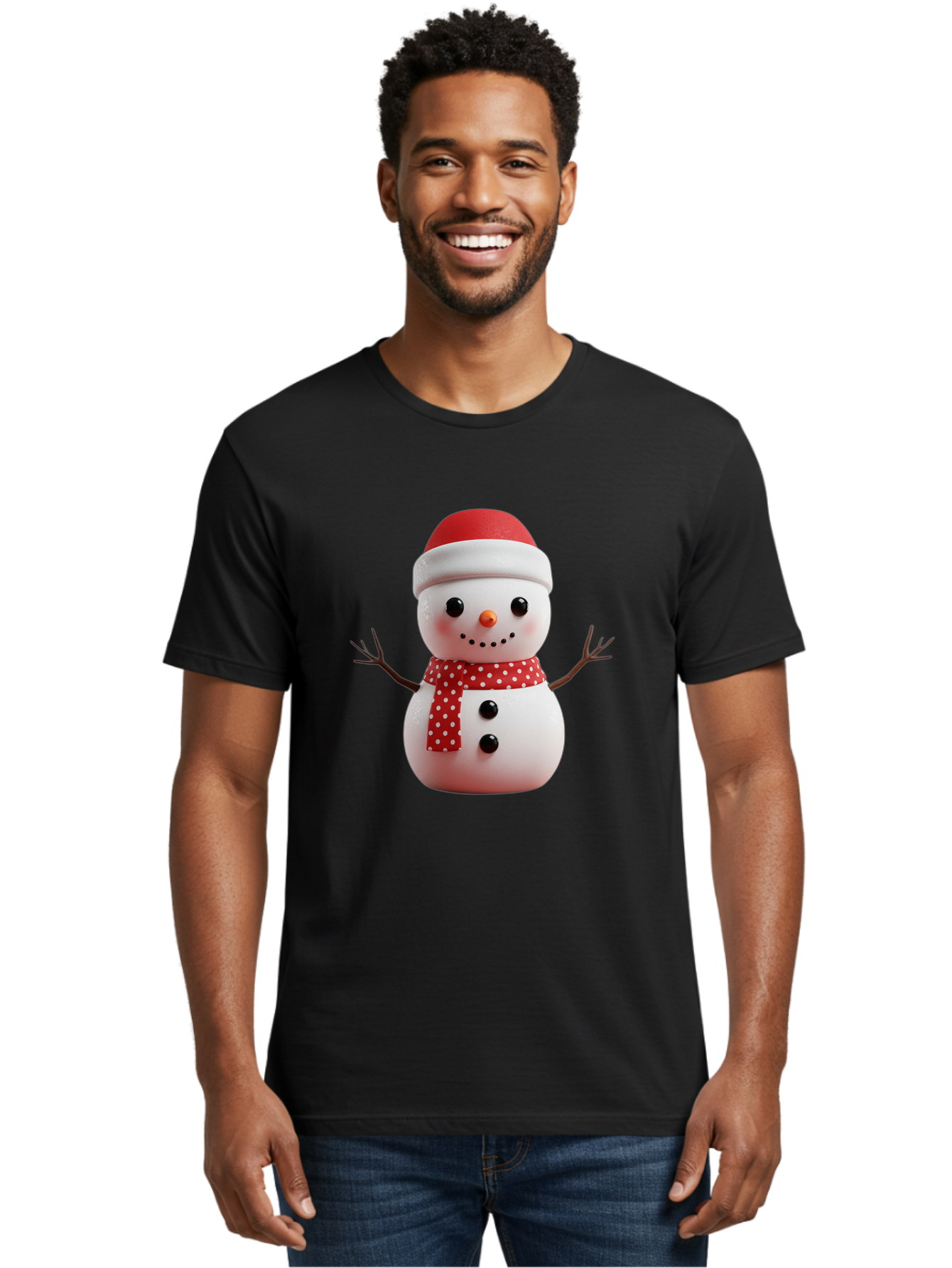 Snowman Men'S Graphic Tee, 100% Cotton, Comfortable Casual Summer Wear, Machine Washable, Snowman Figurine, Winter Decoration, Festive Snowman, Holiday Character, Red Scarf, White Polka Dots, Christmas Ornament, Snowman Charm, Bac445
