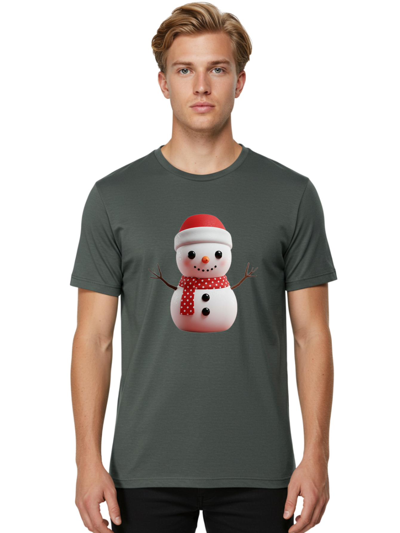 Snowman Men'S Graphic Tee, 100% Cotton, Comfortable Casual Summer Wear, Machine Washable, Snowman Figurine, Winter Decoration, Festive Snowman, Holiday Character, Red Scarf, White Polka Dots, Christmas Ornament, Snowman Charm, Bac445