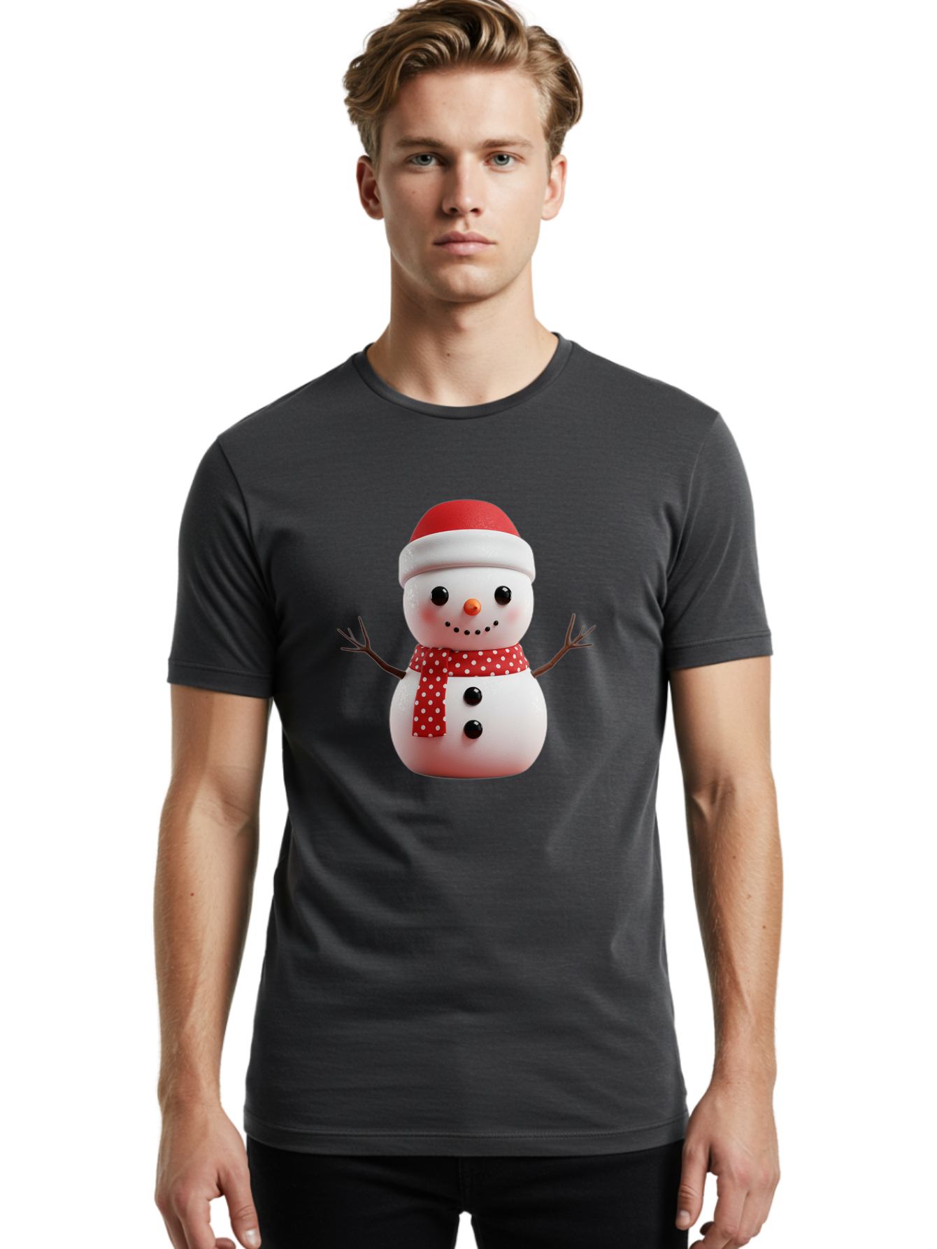 Snowman Men'S Graphic Tee, 100% Cotton, Comfortable Casual Summer Wear, Machine Washable, Snowman Figurine, Winter Decoration, Festive Snowman, Holiday Character, Red Scarf, White Polka Dots, Christmas Ornament, Snowman Charm, Bac445