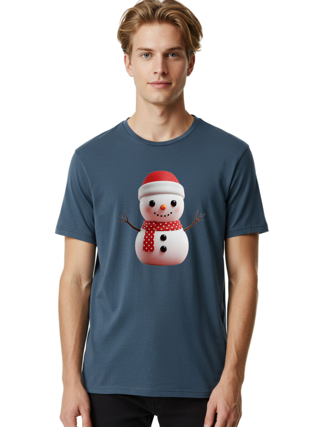 Snowman Men'S Graphic Tee, 100% Cotton, Comfortable Casual Summer Wear, Machine Washable, Snowman Figurine, Winter Decoration, Festive Snowman, Holiday Character, Red Scarf, White Polka Dots, Christmas Ornament, Snowman Charm, Bac445