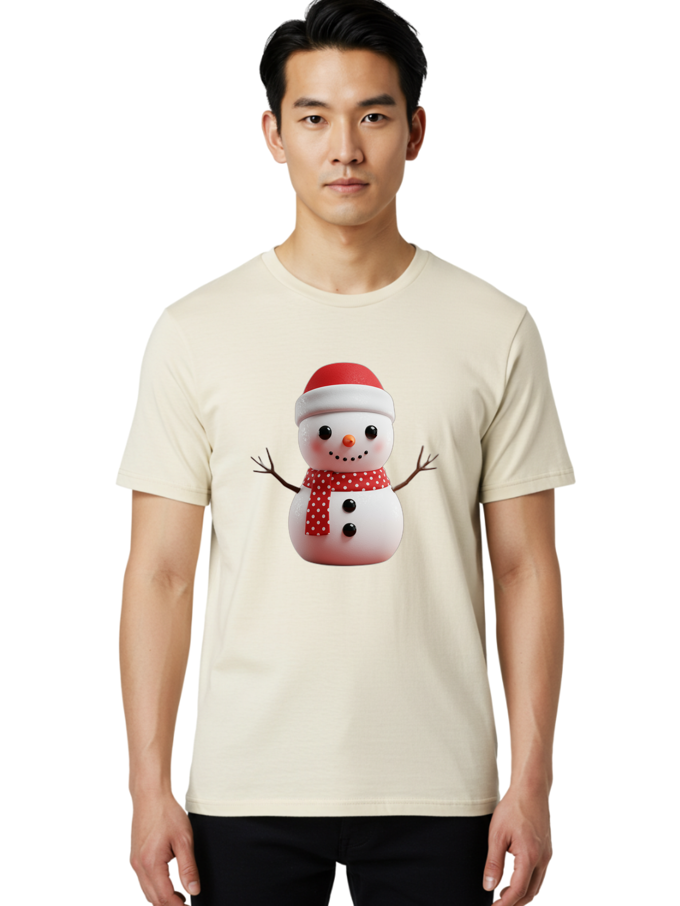 Snowman Men'S Graphic Tee, 100% Cotton, Comfortable Casual Summer Wear, Machine Washable, Snowman Figurine, Winter Decoration, Festive Snowman, Holiday Character, Red Scarf, White Polka Dots, Christmas Ornament, Snowman Charm, Bac445