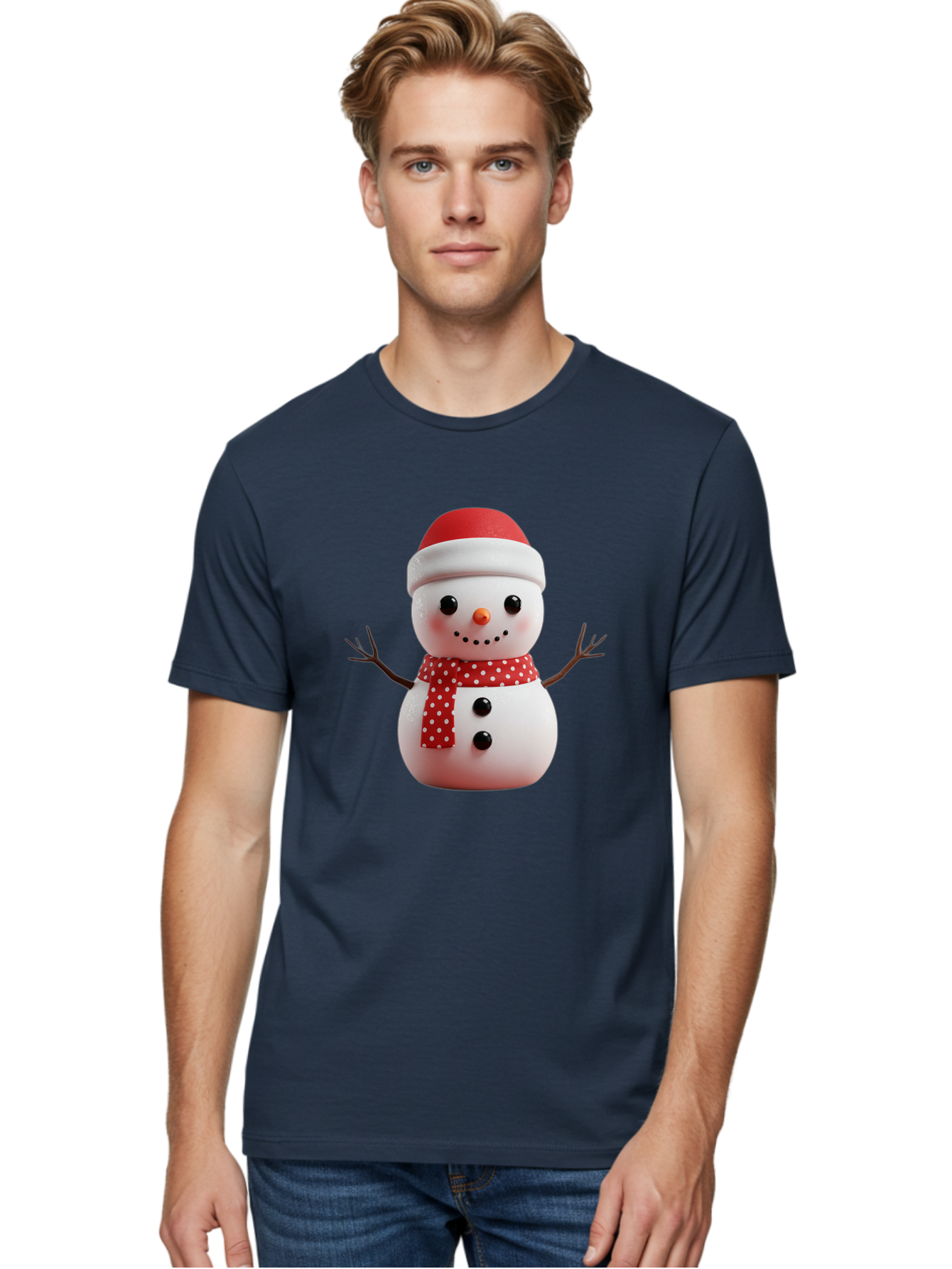Snowman Men'S Graphic Tee, 100% Cotton, Comfortable Casual Summer Wear, Machine Washable, Snowman Figurine, Winter Decoration, Festive Snowman, Holiday Character, Red Scarf, White Polka Dots, Christmas Ornament, Snowman Charm, Bac445
