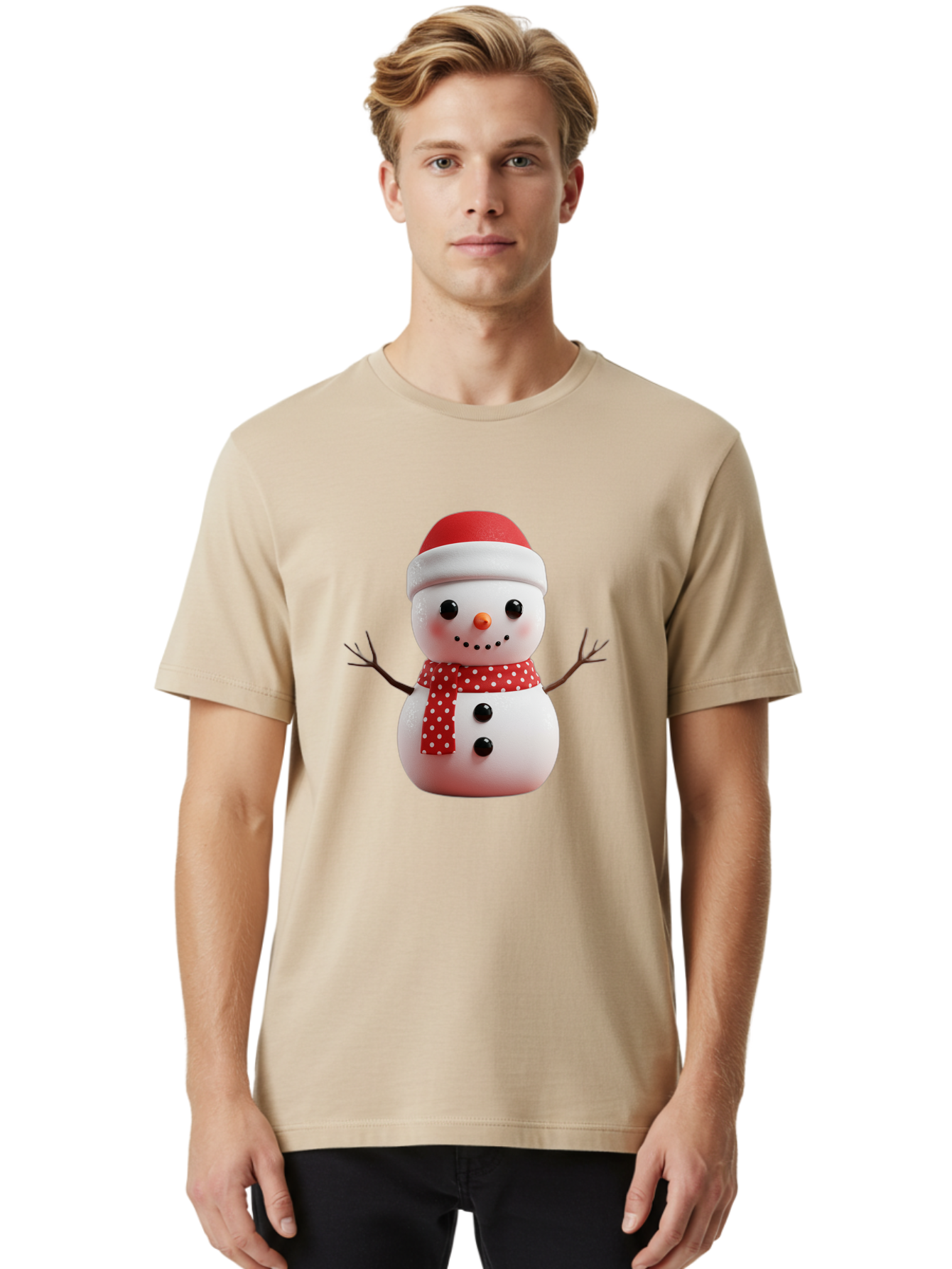 Snowman Men'S Graphic Tee, 100% Cotton, Comfortable Casual Summer Wear, Machine Washable, Snowman Figurine, Winter Decoration, Festive Snowman, Holiday Character, Red Scarf, White Polka Dots, Christmas Ornament, Snowman Charm, Bac445