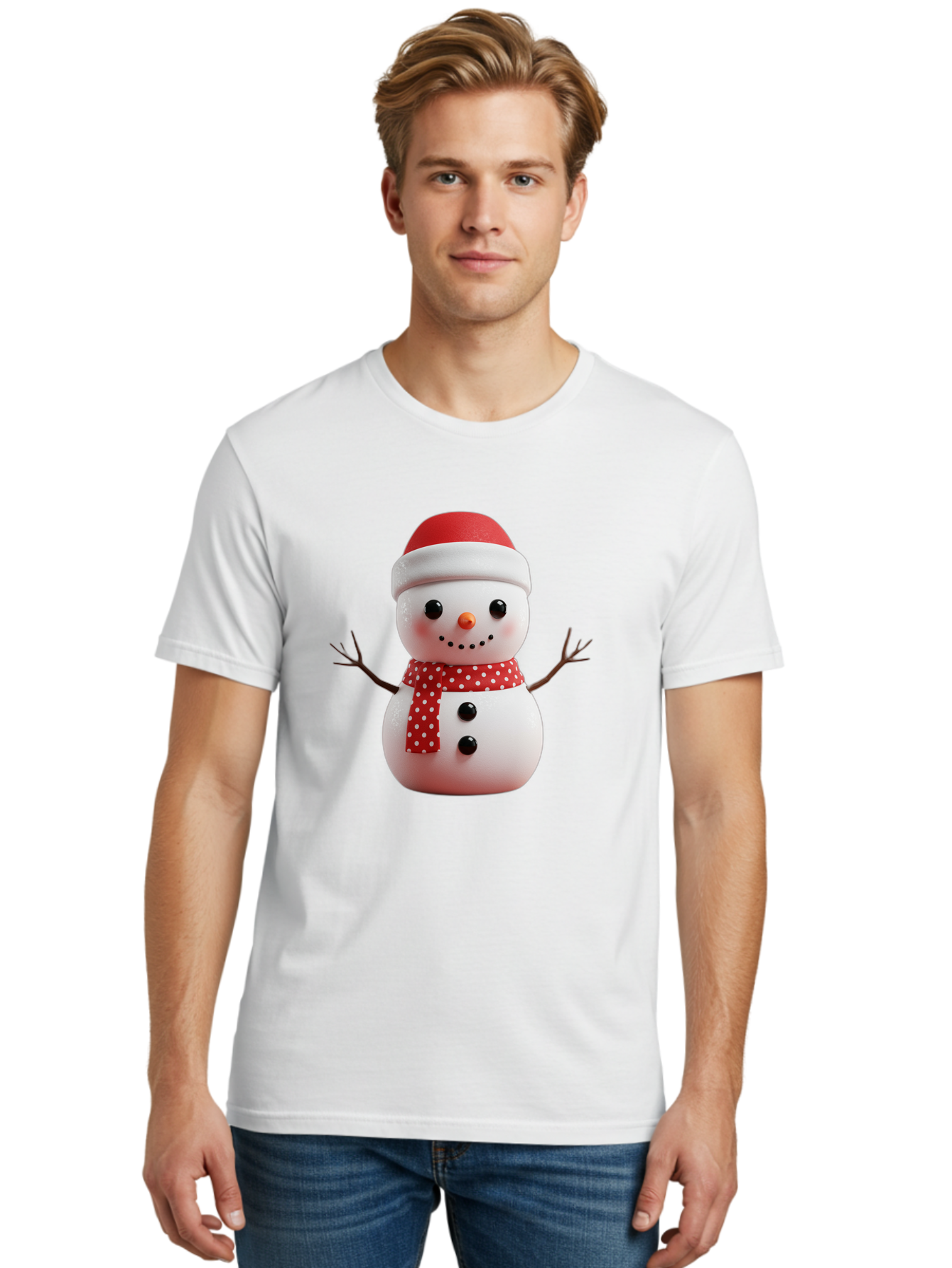 Snowman Men'S Graphic Tee, 100% Cotton, Comfortable Casual Summer Wear, Machine Washable, Snowman Figurine, Winter Decoration, Festive Snowman, Holiday Character, Red Scarf, White Polka Dots, Christmas Ornament, Snowman Charm, Bac445