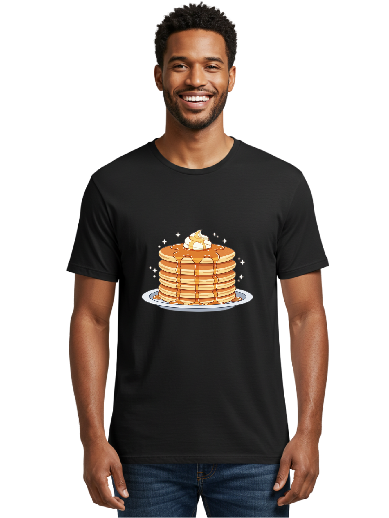 Stack-Of-Pancakes Men'S Graphic Tee, 100% Cotton, Comfortable Casual Summer Wear, Machine Washable, Stacked Pancakes, Whipped Cream Topping, Maple Syrup Dripping, Sweet Breakfast, Fluffy Pancakes, Breakfast Treat, Morning Meal, Bac446