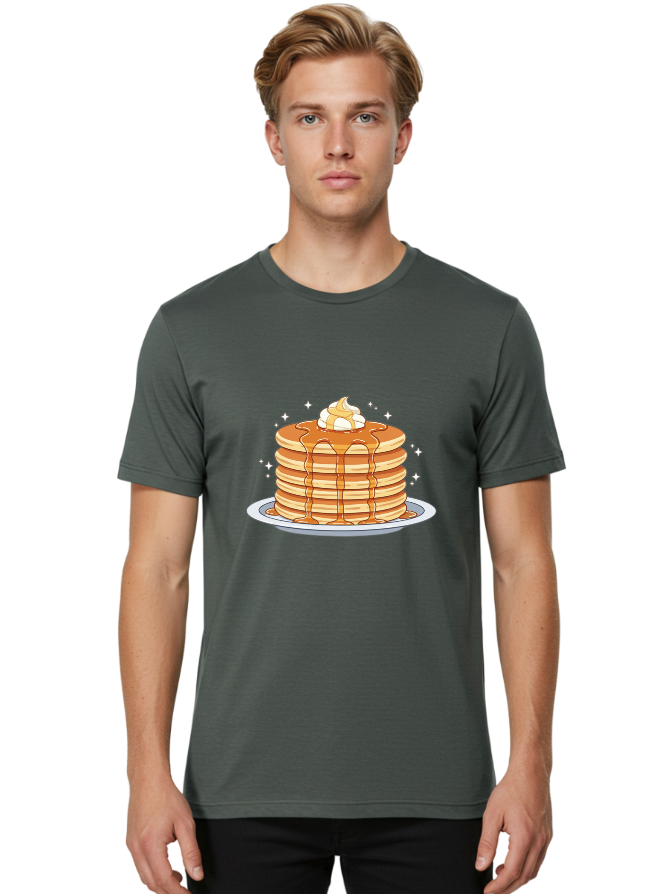 Stack-Of-Pancakes Men'S Graphic Tee, 100% Cotton, Comfortable Casual Summer Wear, Machine Washable, Stacked Pancakes, Whipped Cream Topping, Maple Syrup Dripping, Sweet Breakfast, Fluffy Pancakes, Breakfast Treat, Morning Meal, Bac446