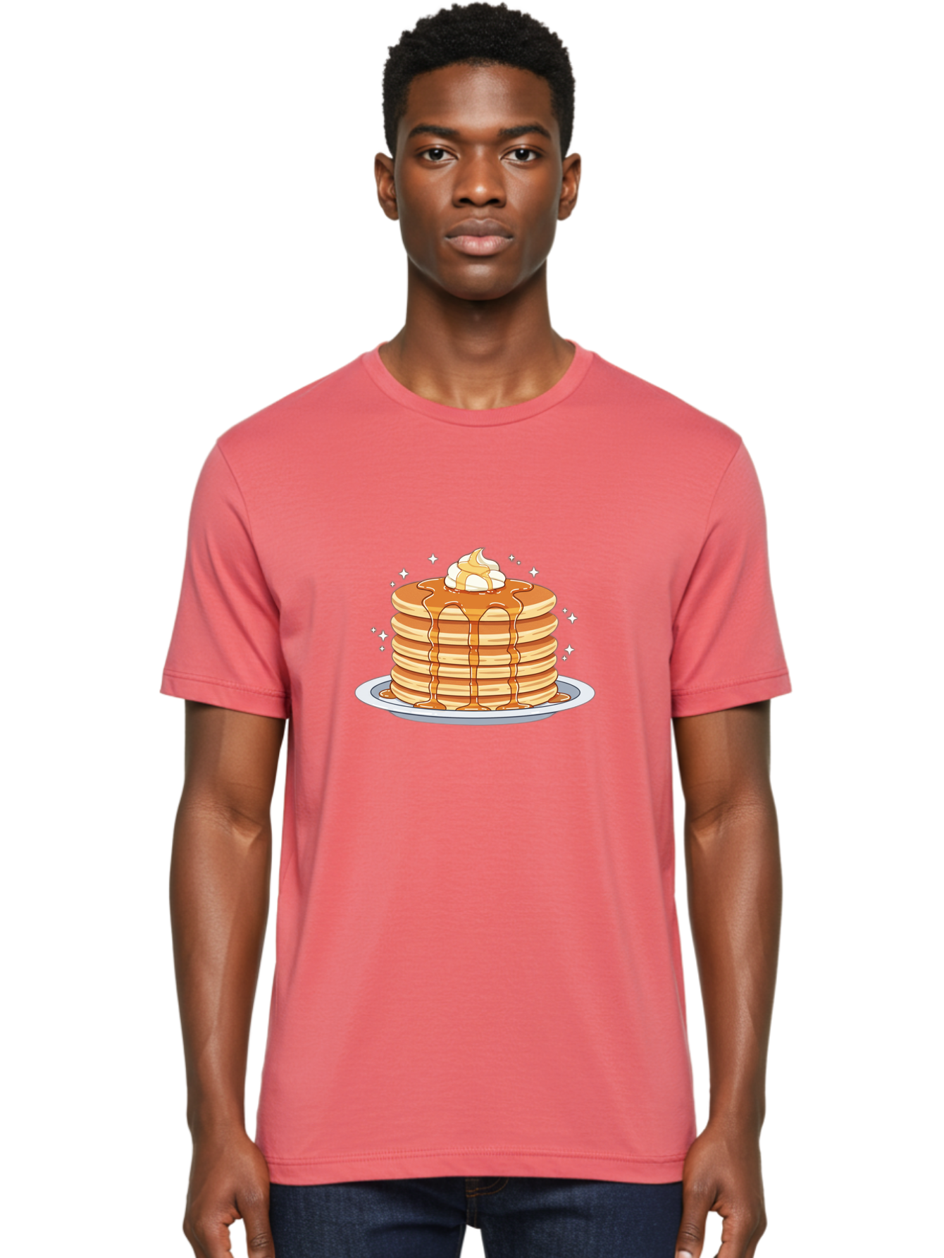 Stack-Of-Pancakes Men'S Graphic Tee, 100% Cotton, Comfortable Casual Summer Wear, Machine Washable, Stacked Pancakes, Whipped Cream Topping, Maple Syrup Dripping, Sweet Breakfast, Fluffy Pancakes, Breakfast Treat, Morning Meal, Bac446