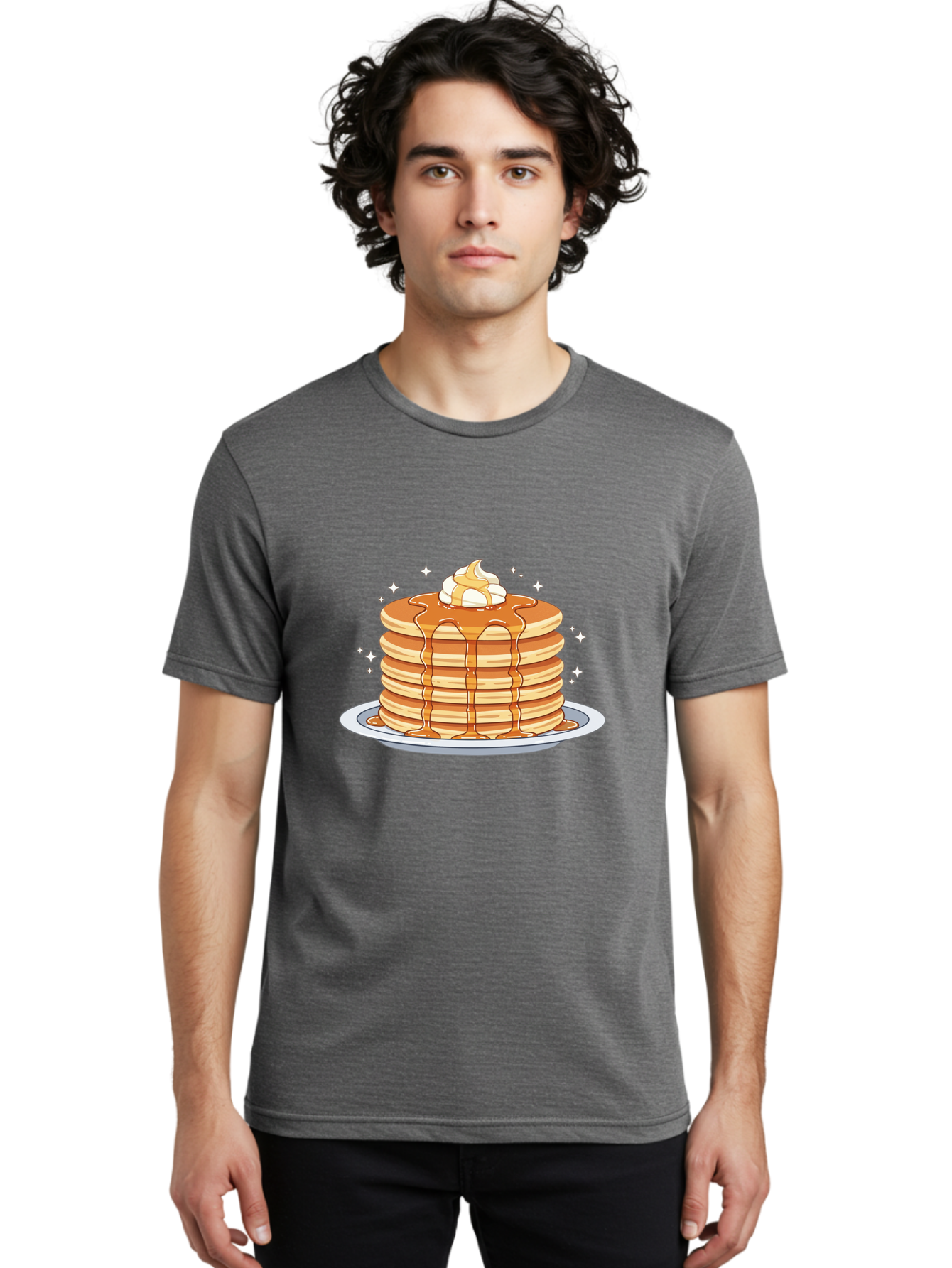 Stack-Of-Pancakes Men'S Graphic Tee, 100% Cotton, Comfortable Casual Summer Wear, Machine Washable, Stacked Pancakes, Whipped Cream Topping, Maple Syrup Dripping, Sweet Breakfast, Fluffy Pancakes, Breakfast Treat, Morning Meal, Bac446