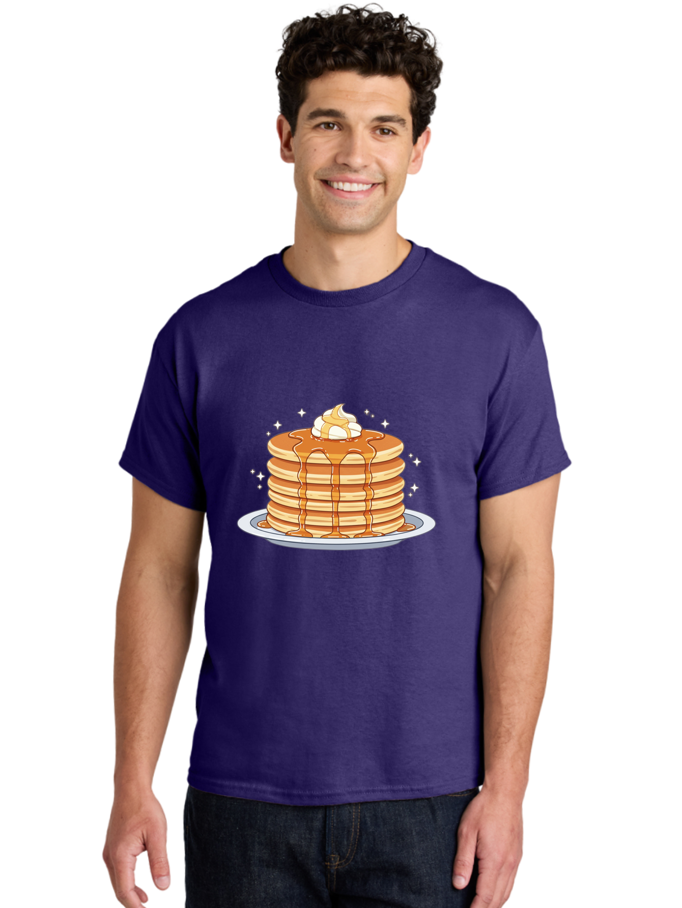 Stack-Of-Pancakes Men'S Graphic Tee, 100% Cotton, Comfortable Casual Summer Wear, Machine Washable, Stacked Pancakes, Whipped Cream Topping, Maple Syrup Dripping, Sweet Breakfast, Fluffy Pancakes, Breakfast Treat, Morning Meal, Bac446