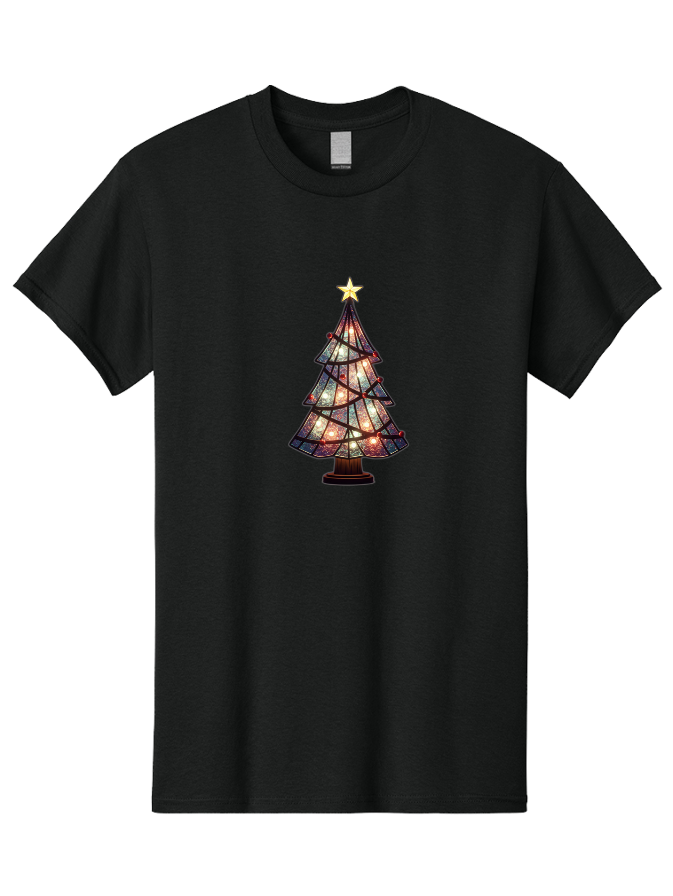 Stained-Glass-Christmas-Tree Men'S Graphic Tee, 100% Cotton, Comfortable Casual Summer Wear, Machine Washable, Stained Glass, Christmas Tree, Festive Decor, Holiday Decoration, Christmas Lights, Star Topper, Holiday Ambiance, Colorful Tree, Bac447