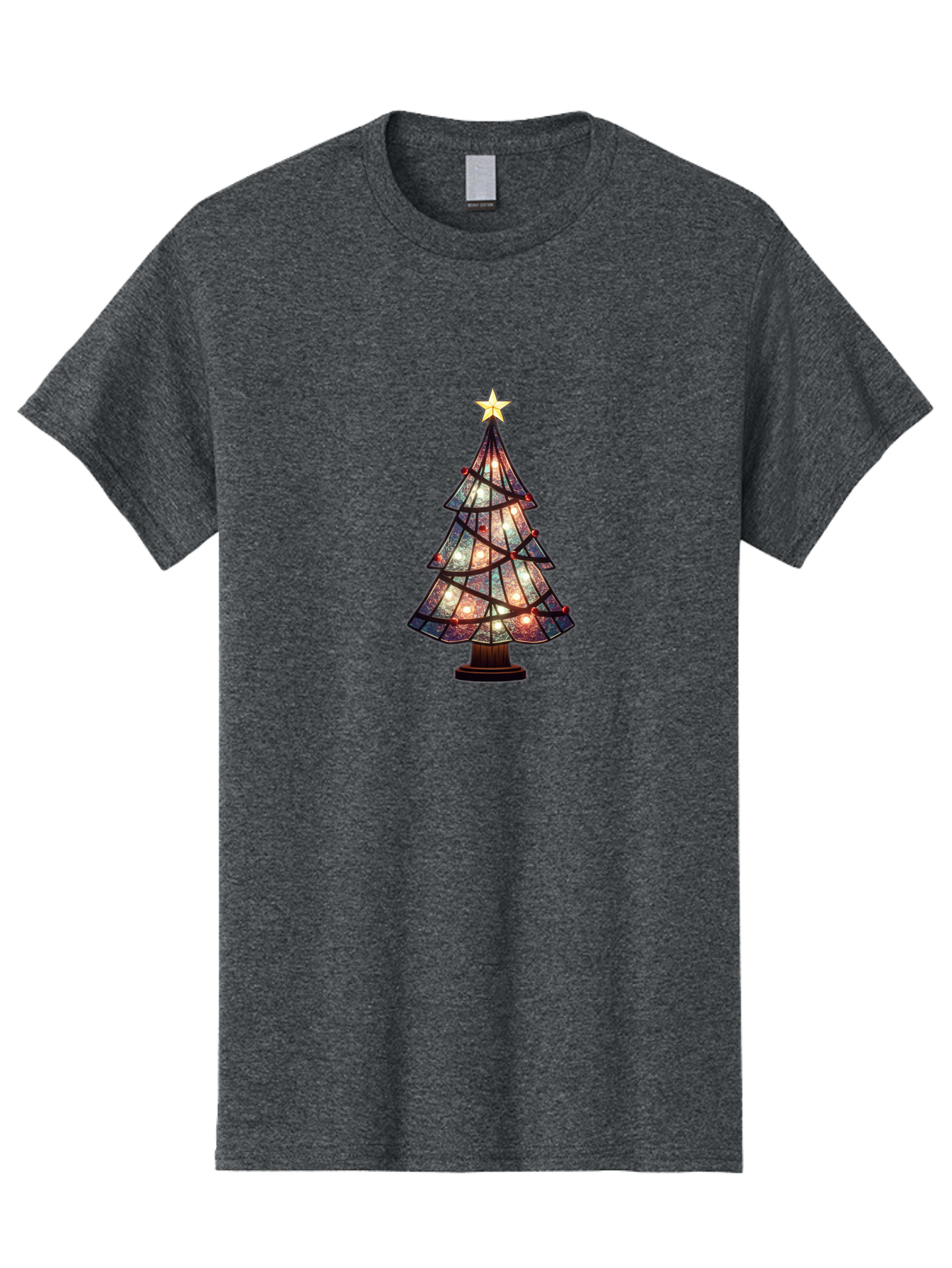 Stained-Glass-Christmas-Tree Men'S Graphic Tee, 100% Cotton, Comfortable Casual Summer Wear, Machine Washable, Stained Glass, Christmas Tree, Festive Decor, Holiday Decoration, Christmas Lights, Star Topper, Holiday Ambiance, Colorful Tree, Bac447
