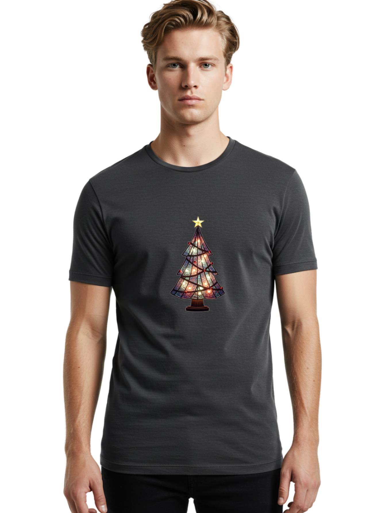 Stained-Glass-Christmas-Tree Men'S Graphic Tee, 100% Cotton, Comfortable Casual Summer Wear, Machine Washable, Stained Glass, Christmas Tree, Festive Decor, Holiday Decoration, Christmas Lights, Star Topper, Holiday Ambiance, Colorful Tree, Bac447